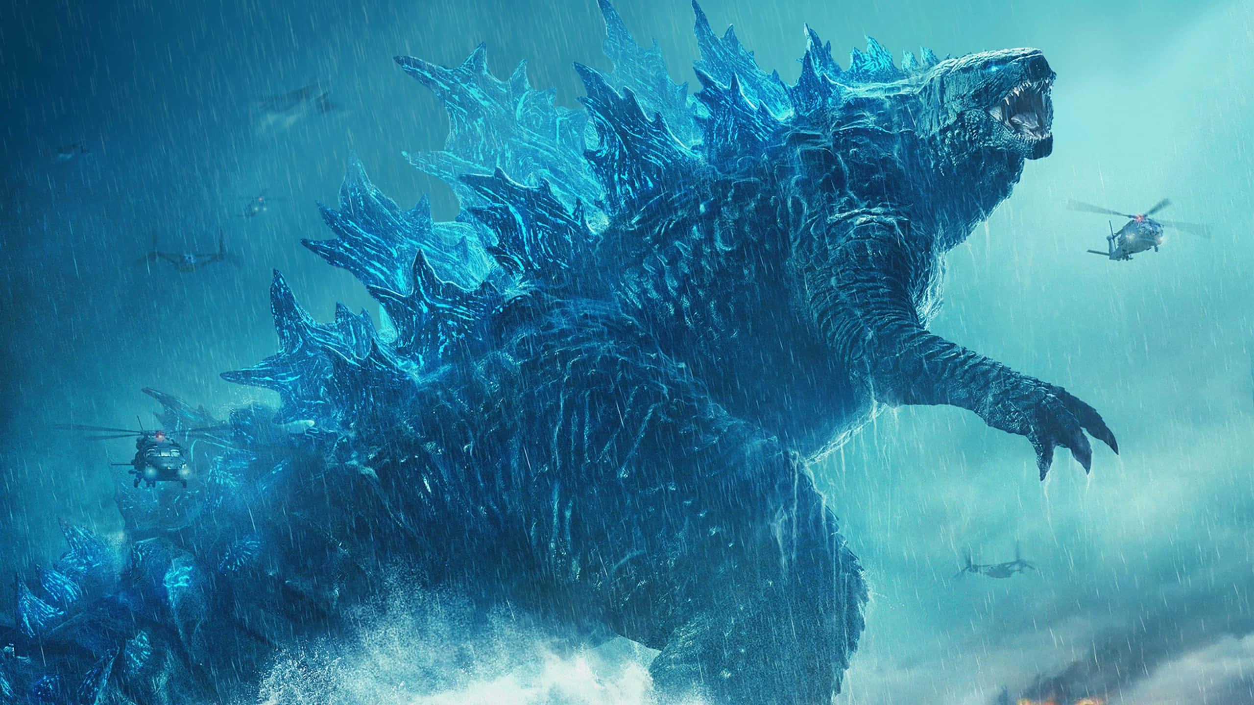 Godzilla Blue Neon Lights With Helicopters Picture — 2560x1440 wallpaper
