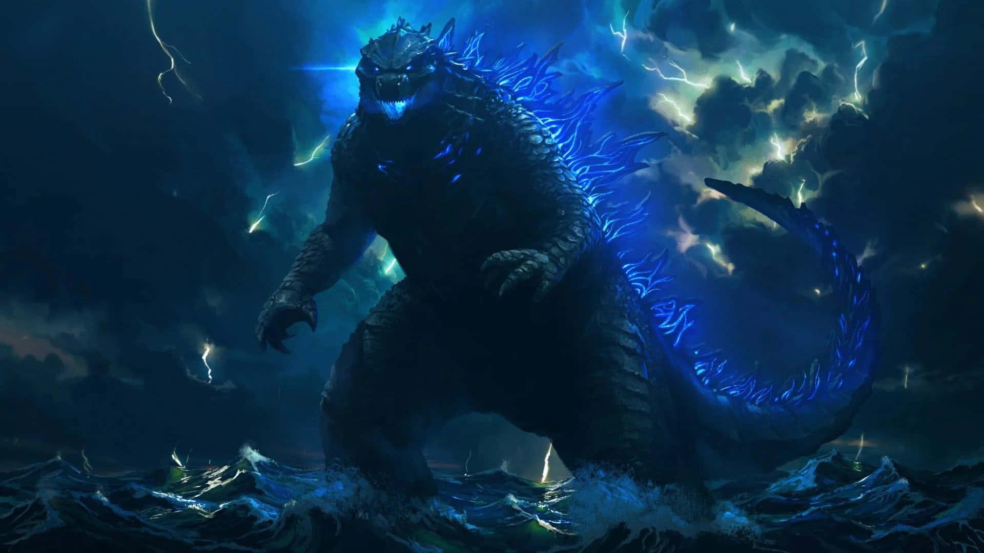 Godzilla Neon Blue Light Above Ocean Picture — 1920x1080 wallpaper