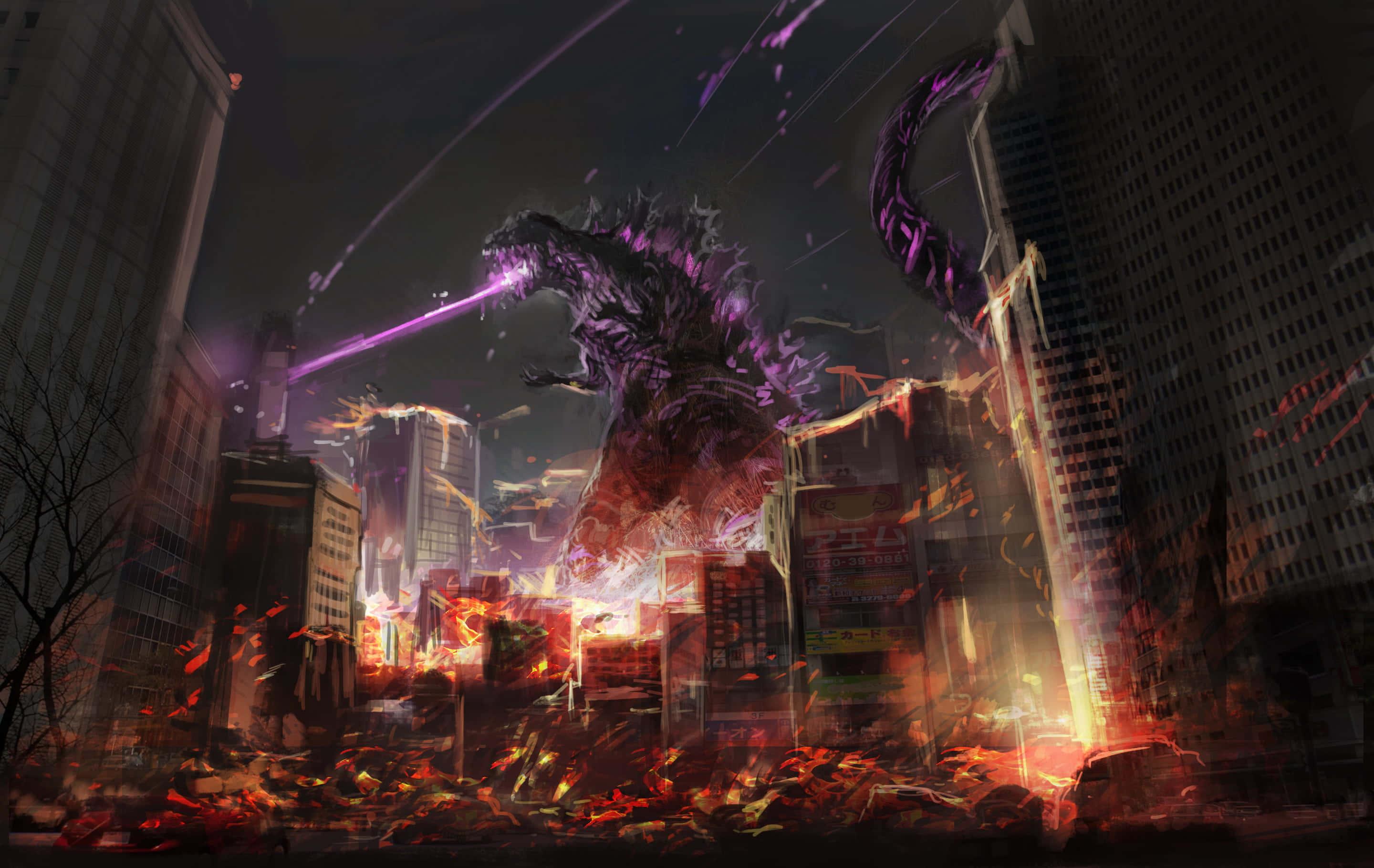 Godzilla stands victorious against a background of destruction — 2880x1820 wallpaper