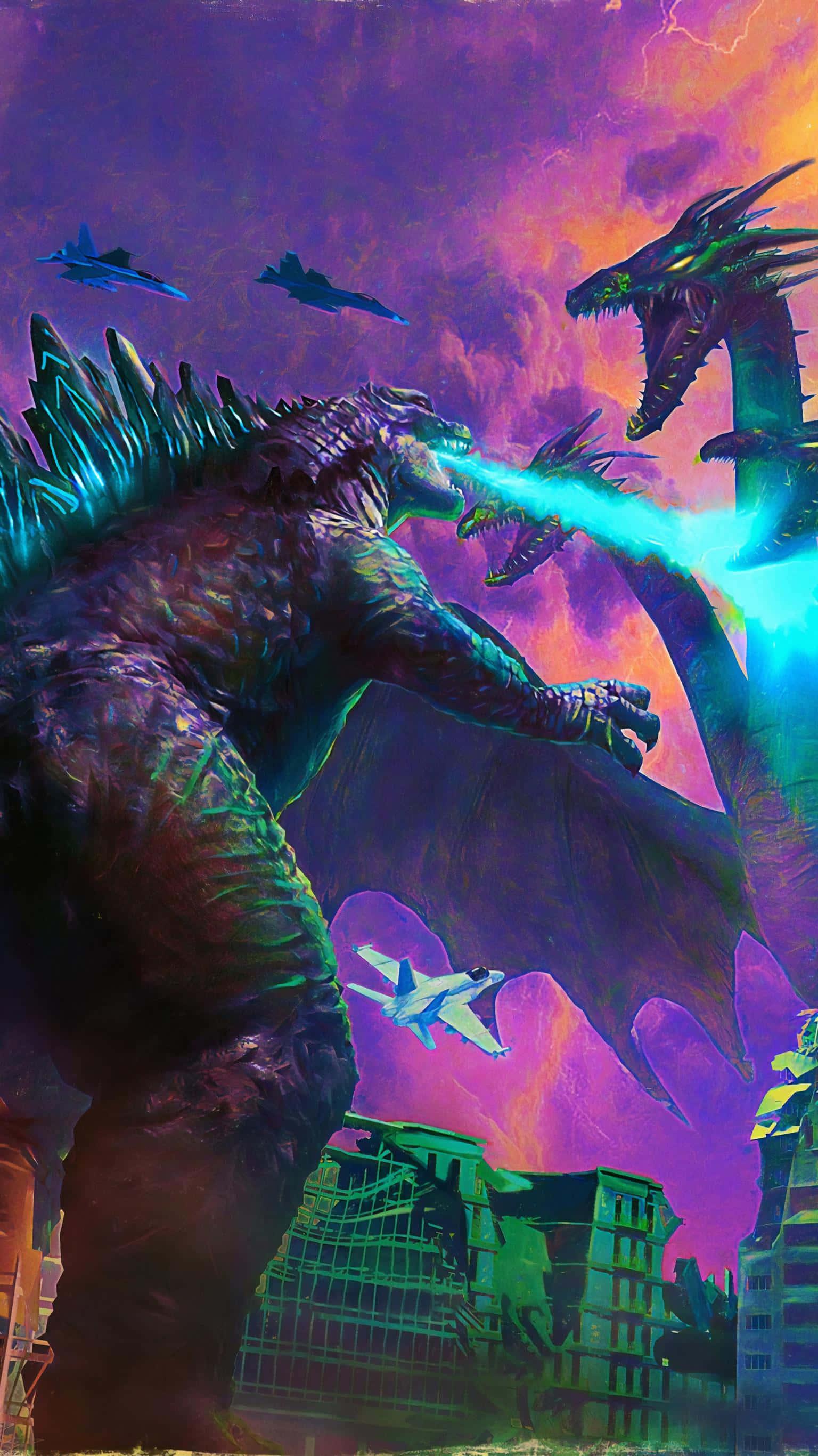 Godzilla Vs. King Ghidorah Vaporwave Picture — 1536x2732 wallpaper