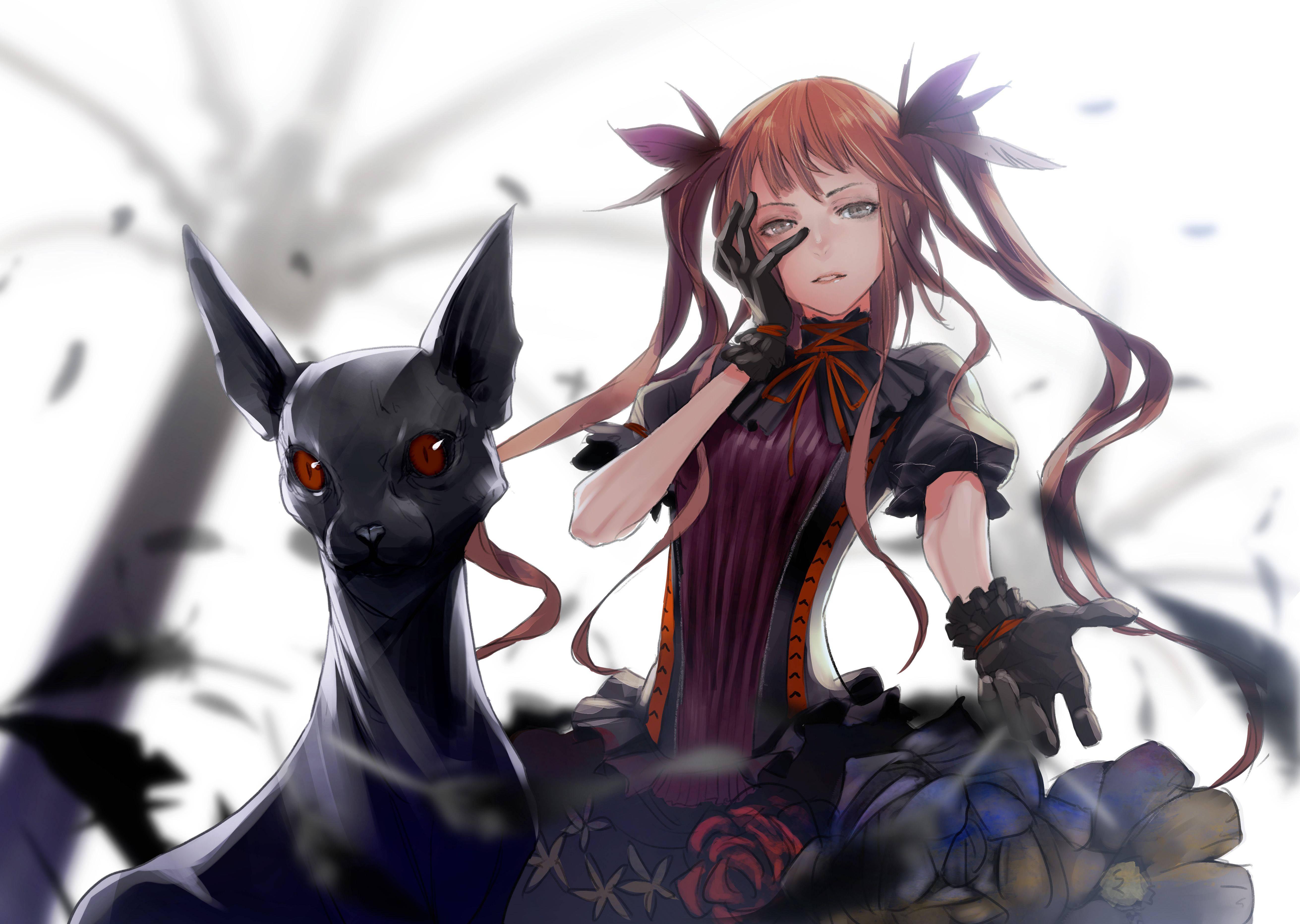 Gothic Anime Girl Sharing an Intimate Moment With Her Cat — 5244x3728 wallpaper