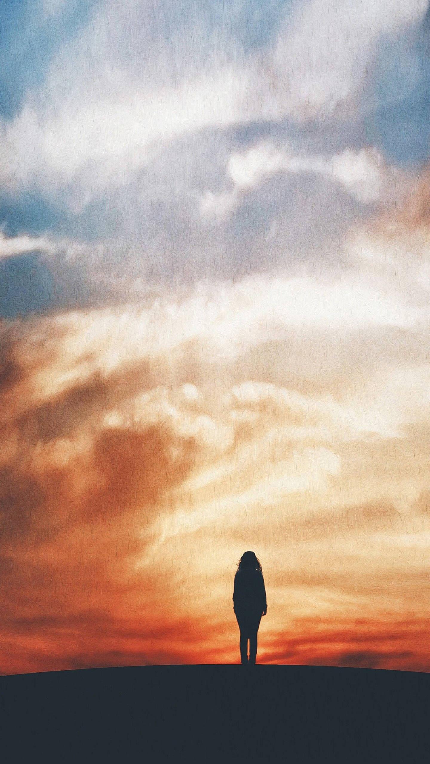 Gradient Sunset Girl Alone — 1440x2560 wallpaper