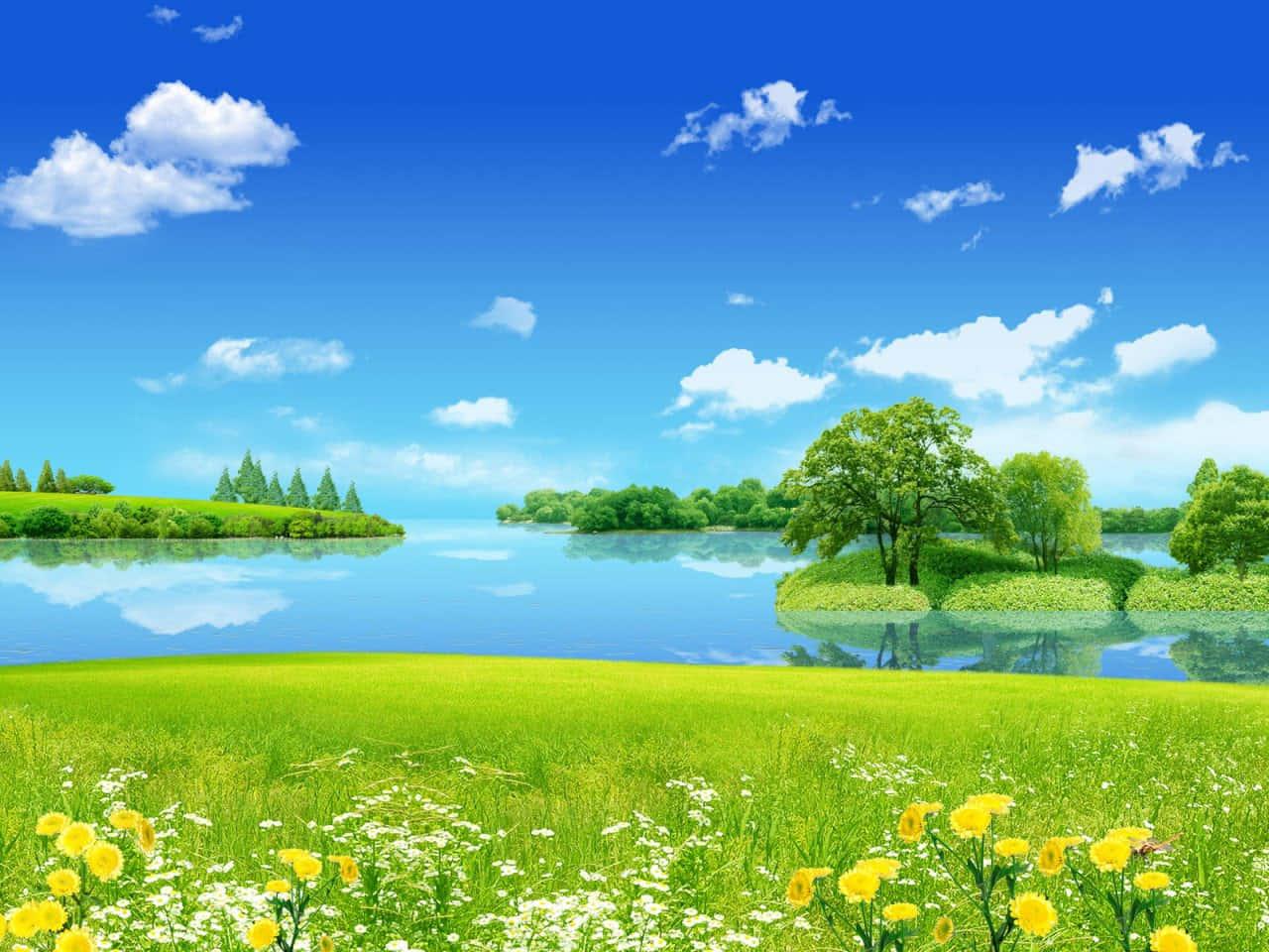 Grass Field With Flower And Lake Landscape Picture — 1280x960 wallpaper