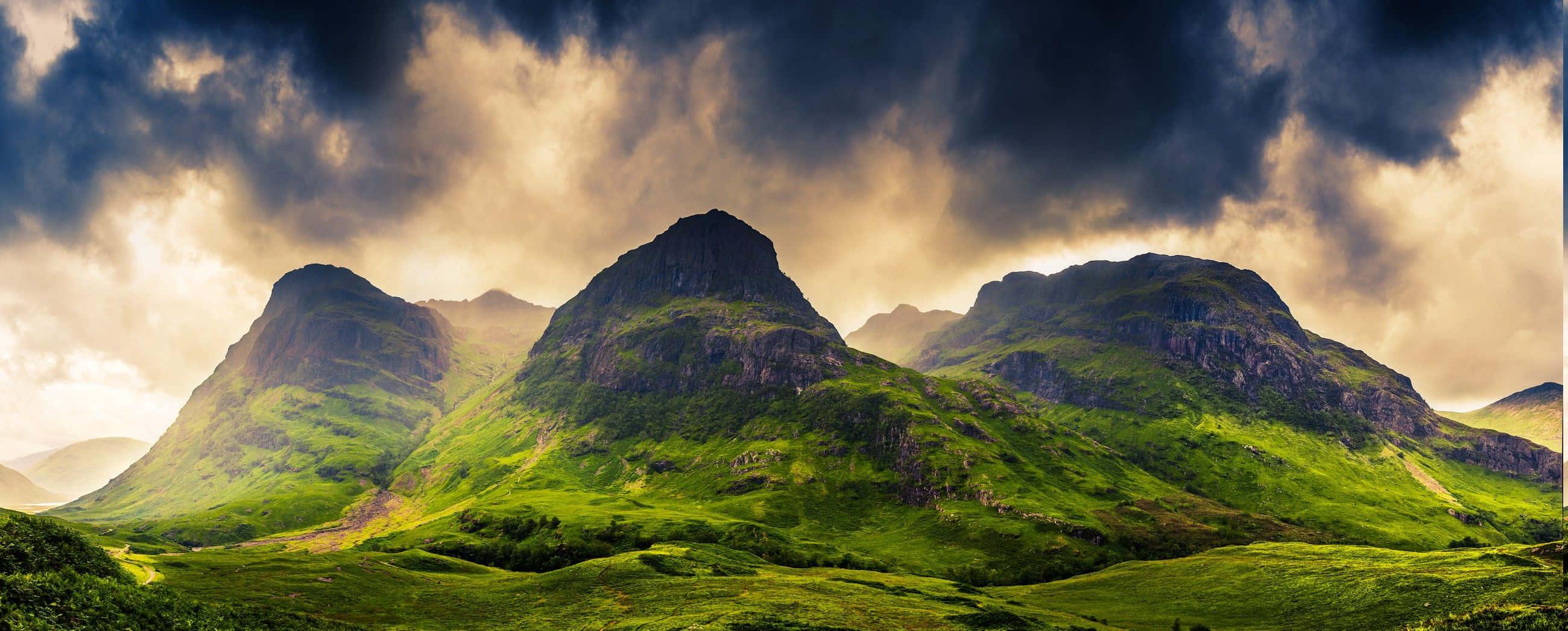 Grass Mountain Under Sky Landscape Picture — 2600x1047 wallpaper