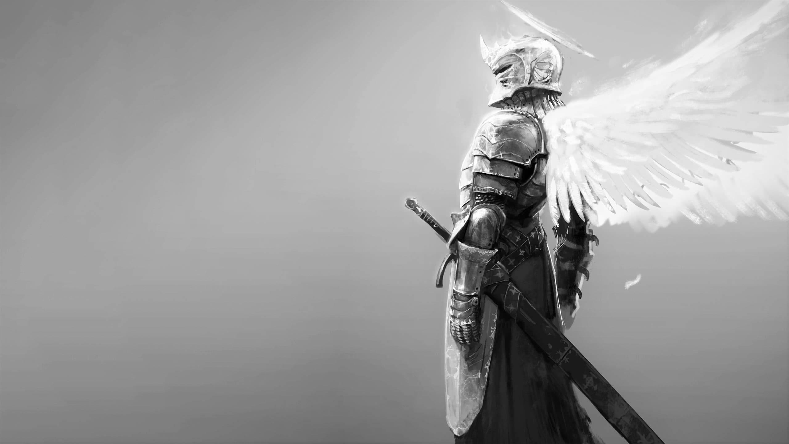Grayscale Medieval Angel Knight — 2560x1440 wallpaper