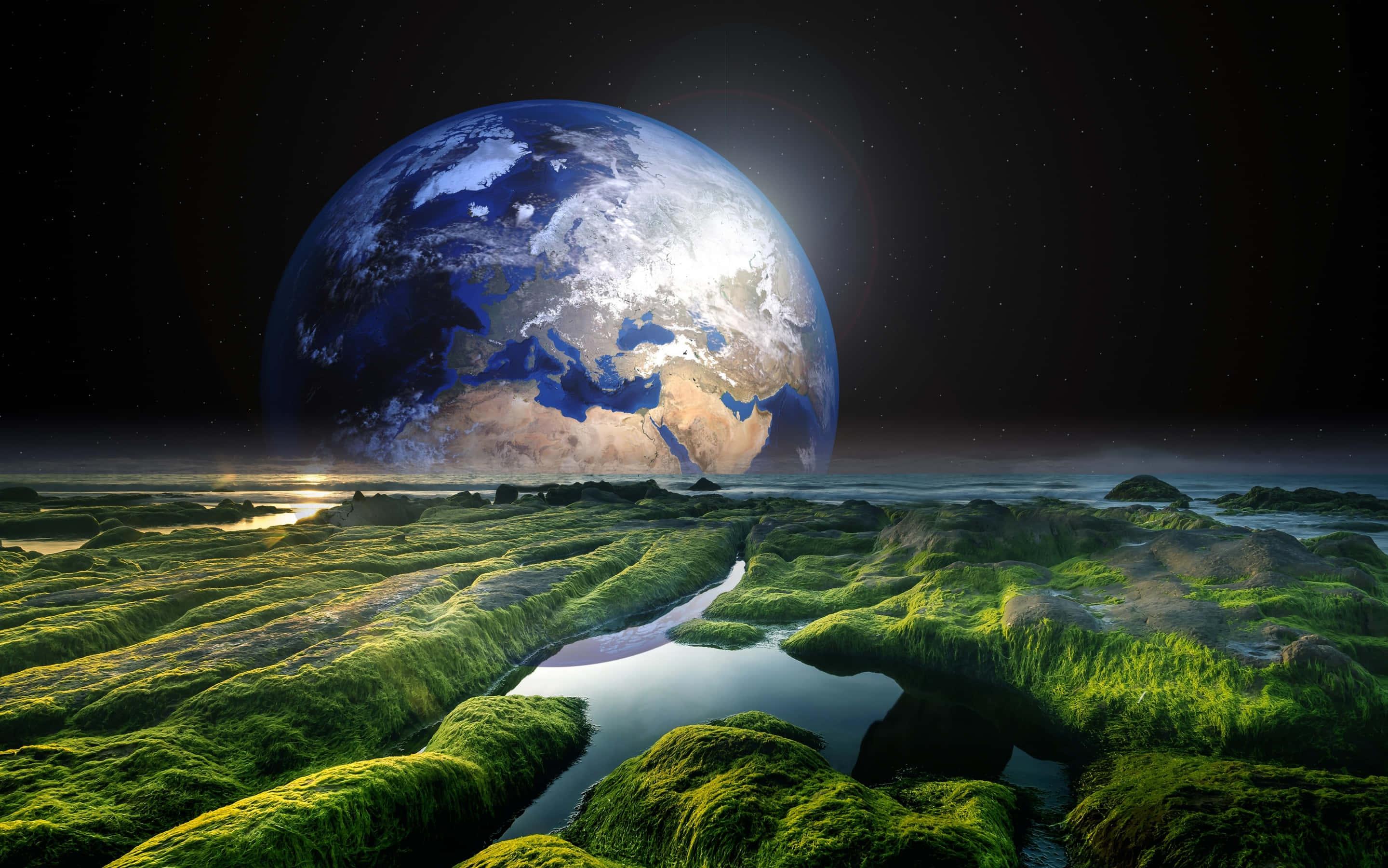 Green Land Against Earth Fantasy Art Background — 2880x1800 wallpaper
