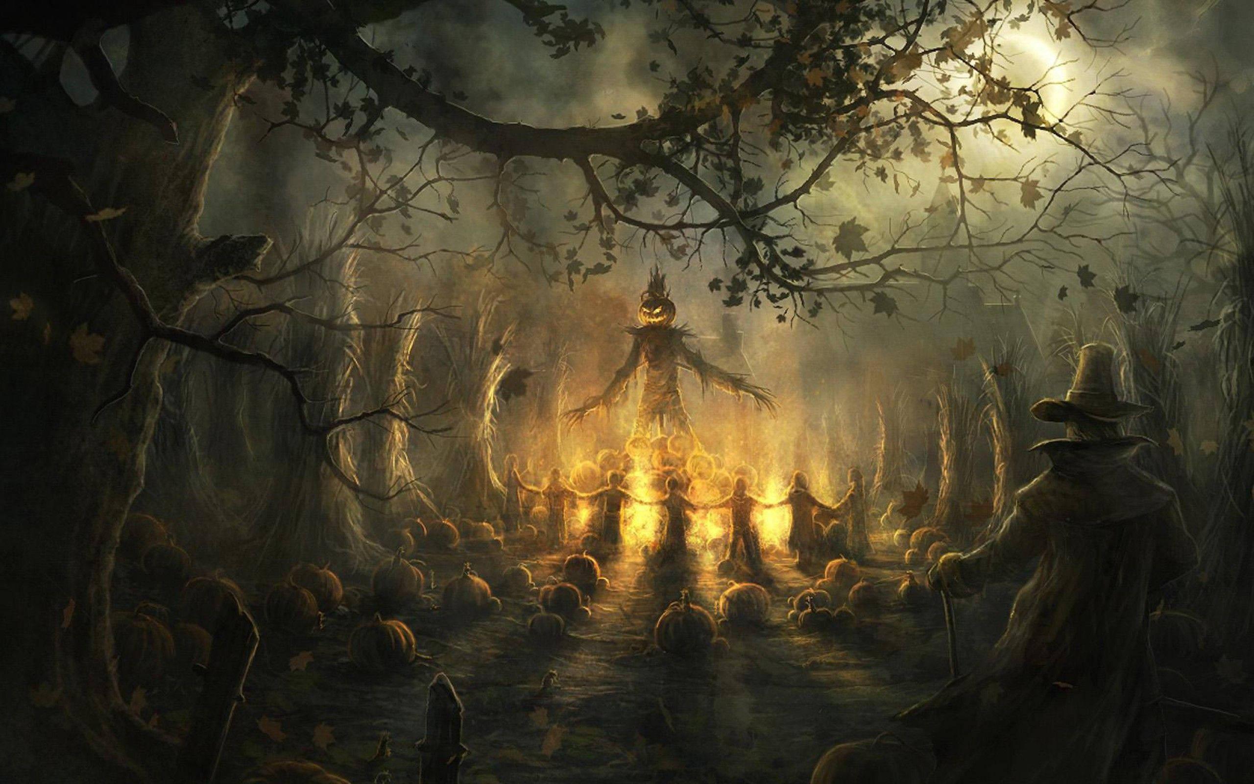 Halloween Pumpkin Scarecrow Fire — 2560x1600 wallpaper