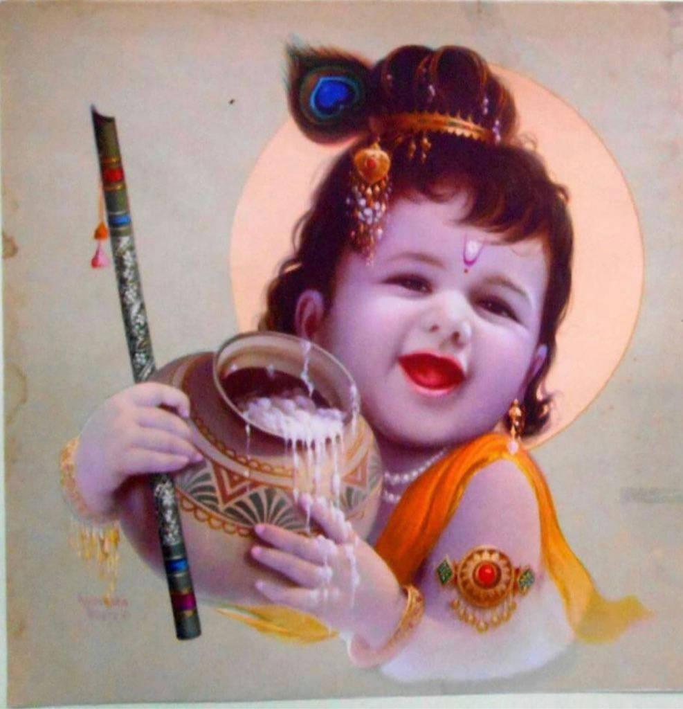 Happy Bal Krishna Holding His Amritadohani — 987x1024 wallpaper