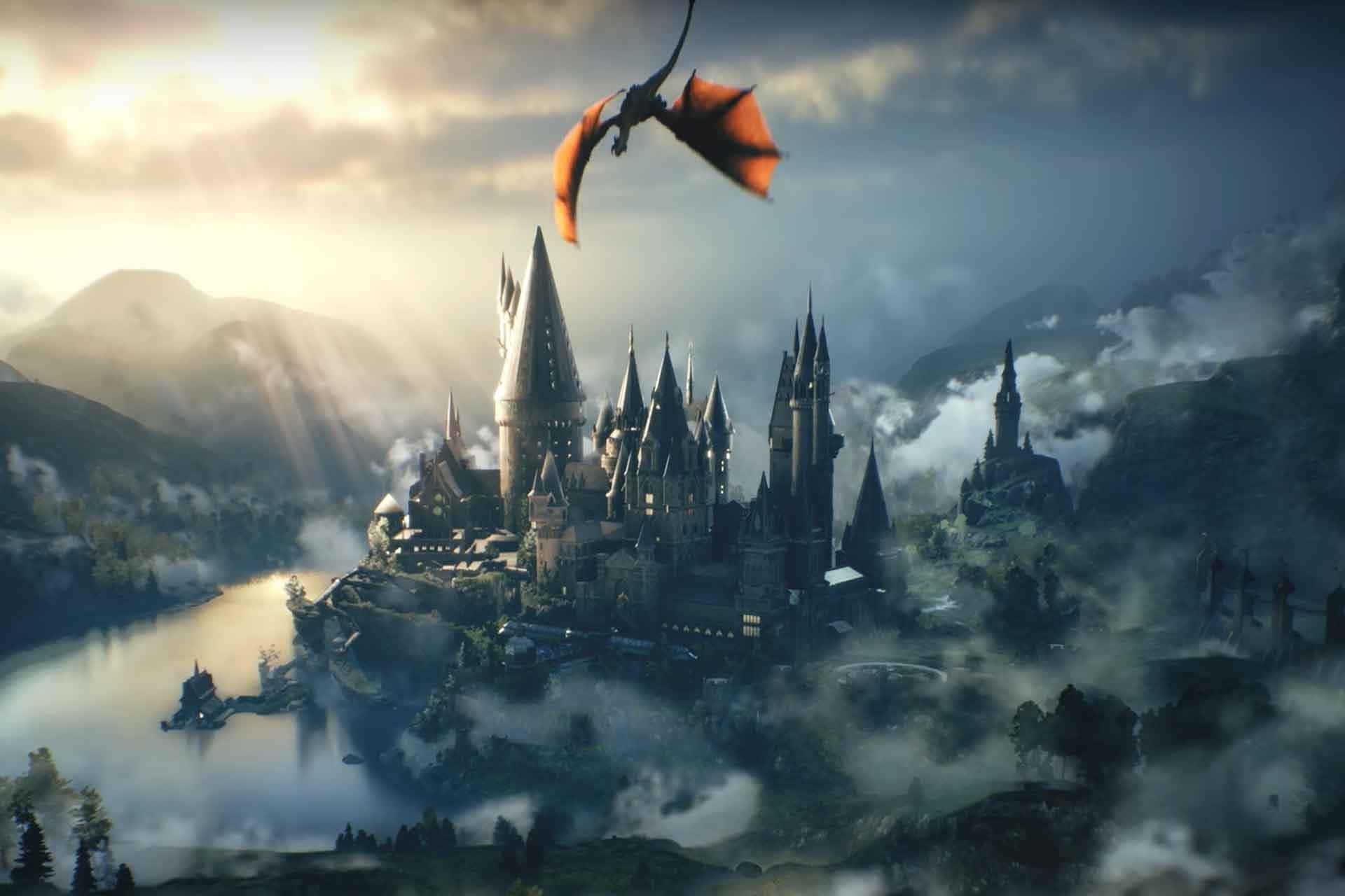 harry potter castle with dragon flying over it — 1920x1280 wallpaper