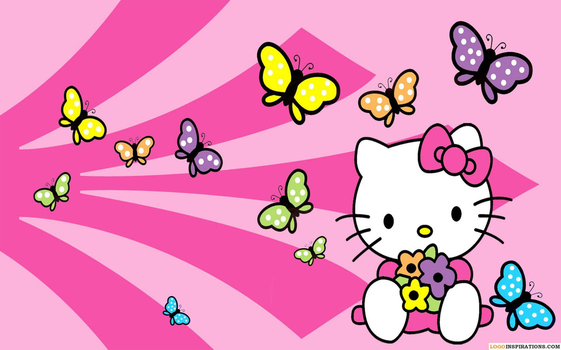 "Hello Kitty fluttering around amongst her butterfly friends"