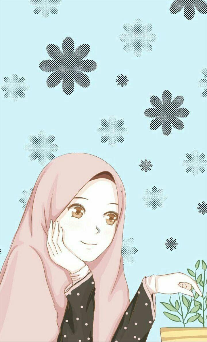 Hijab Cartoon Blue Flower — 720x1185 wallpaper