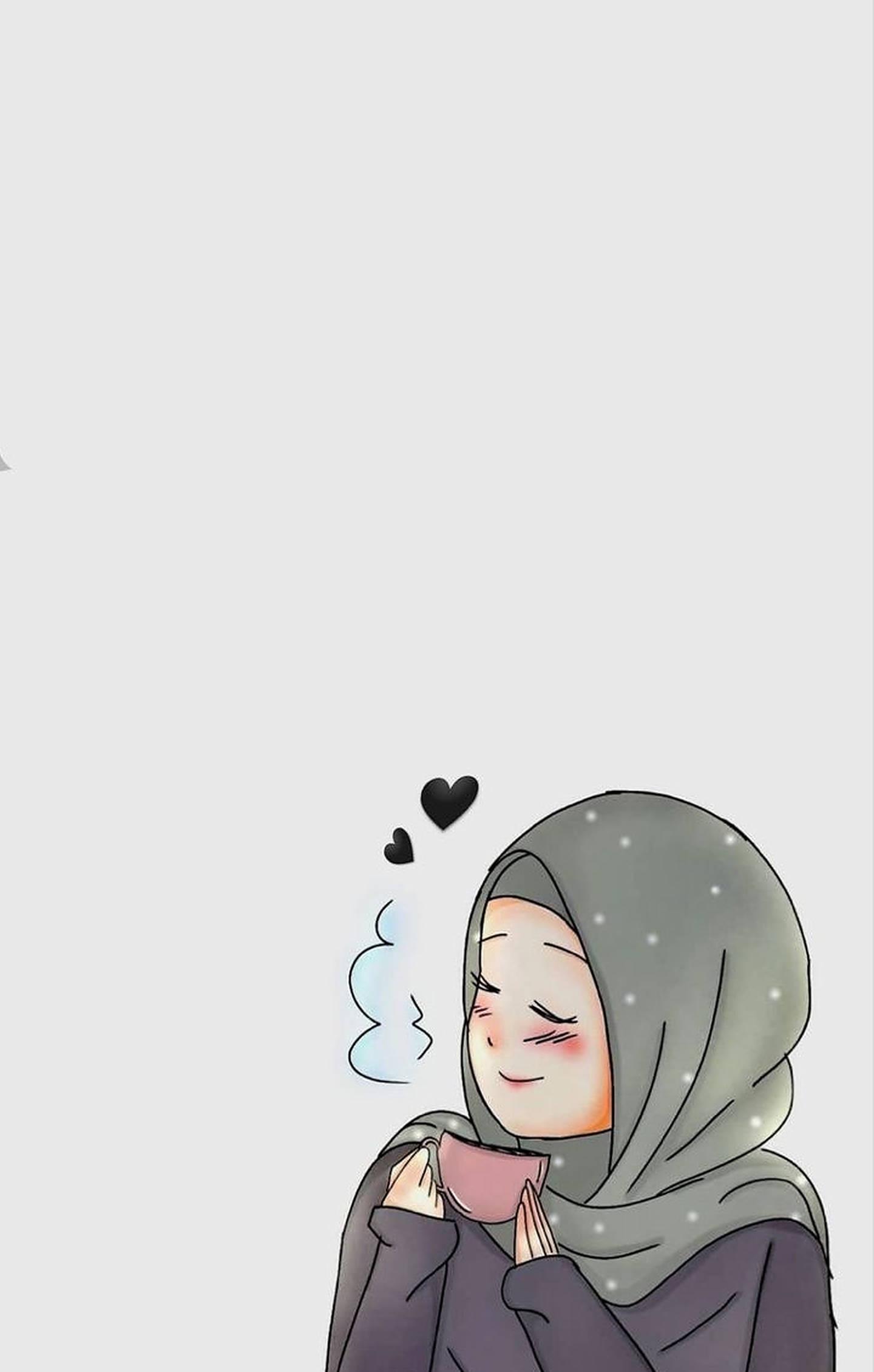Hijab Cartoon Girl With Coffee — 1440x2259 wallpaper