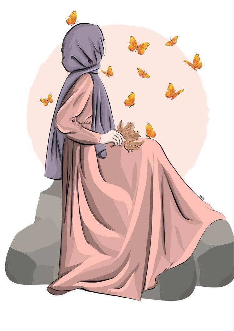 Hijab Cartoon Orange Butterflires — 750x1061 wallpaper