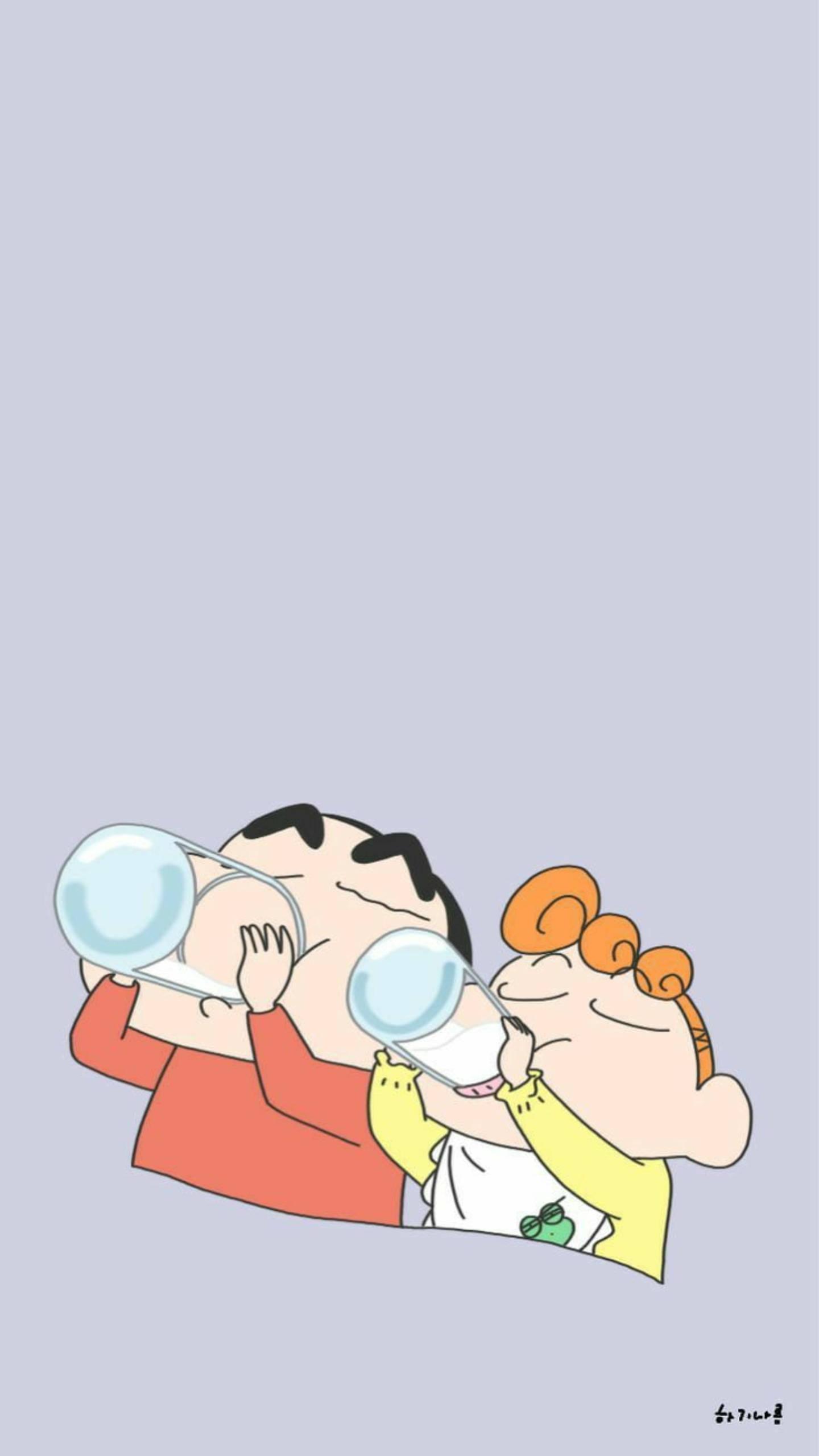 Himawari And Shinchan Aesthetic Drinking Milk — 1440x2560 wallpaper