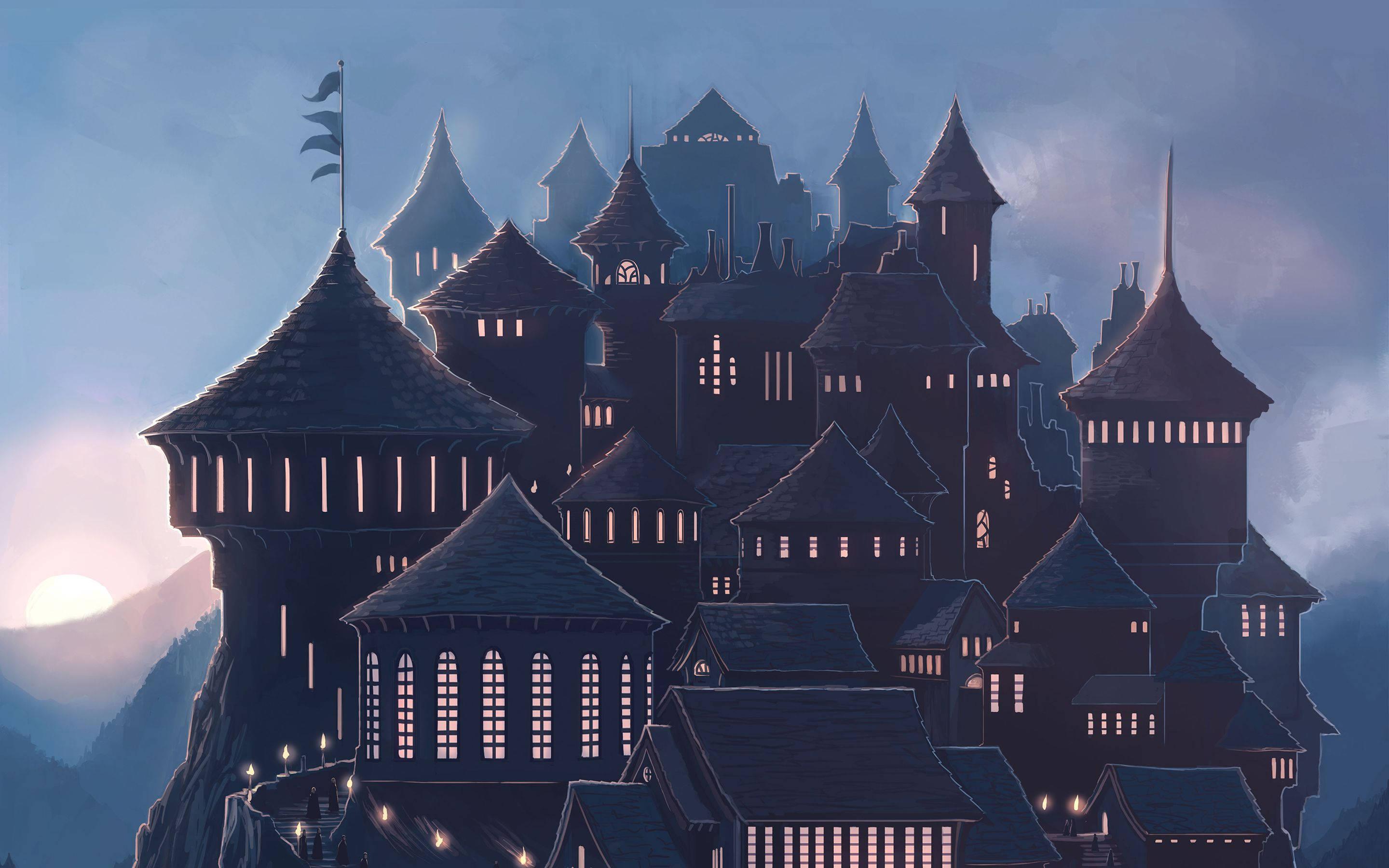 Hogwarts Castle situated on a hill with a full moon in the night sky — 2880x1800 wallpaper