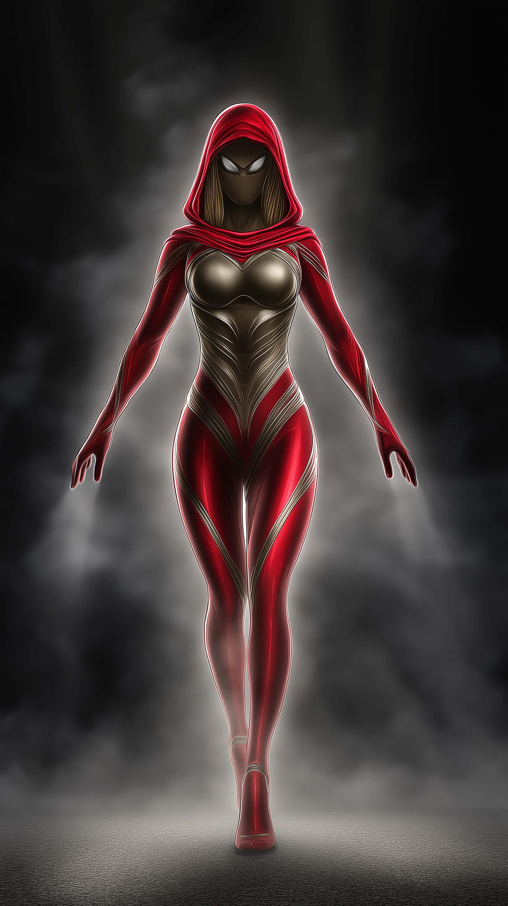 Hooded figure in form-fitting ensemble emerging from mist — 1632x2912 wallpaper