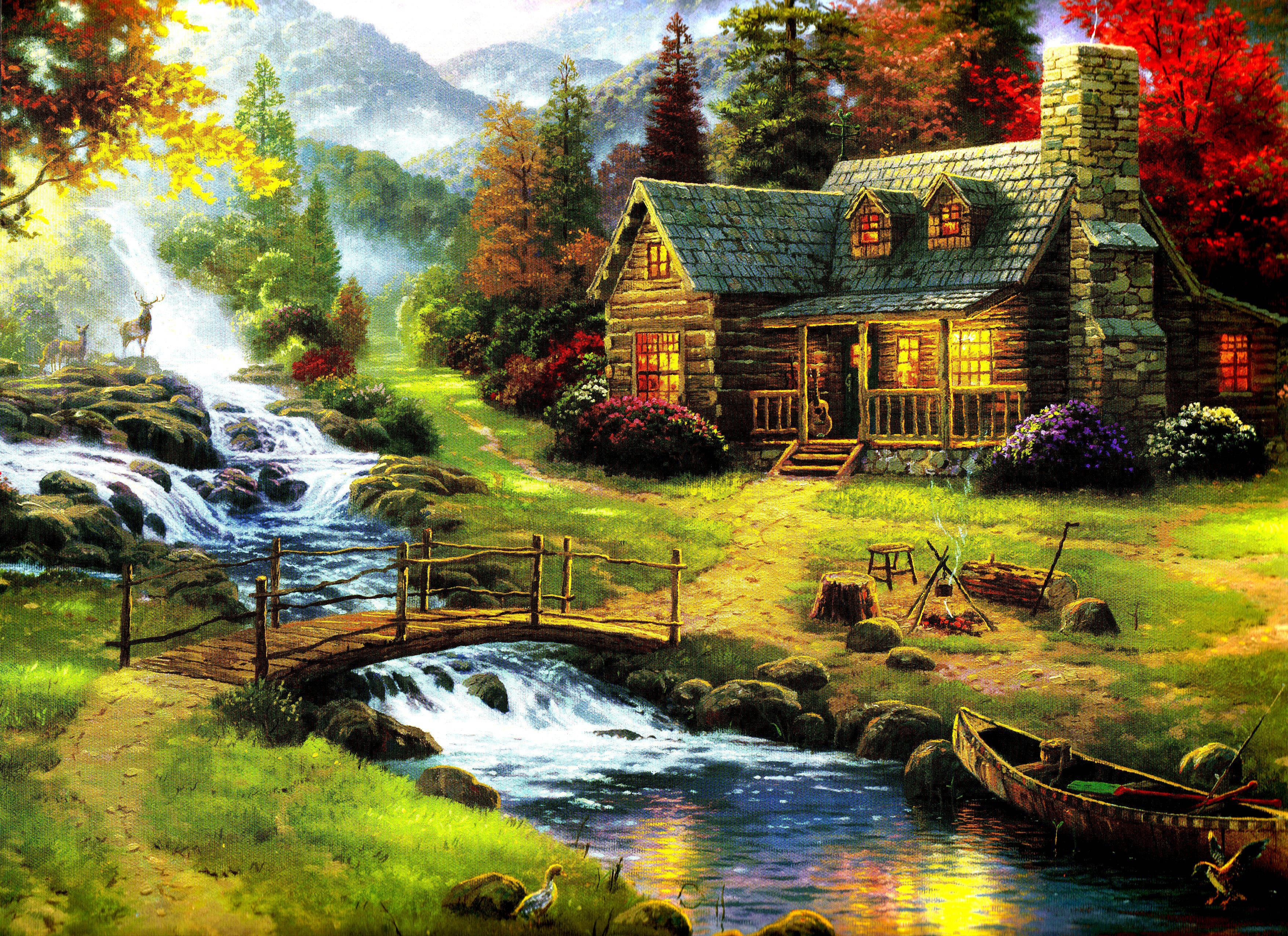 House In A Forest Painting — 3510x2550 wallpaper