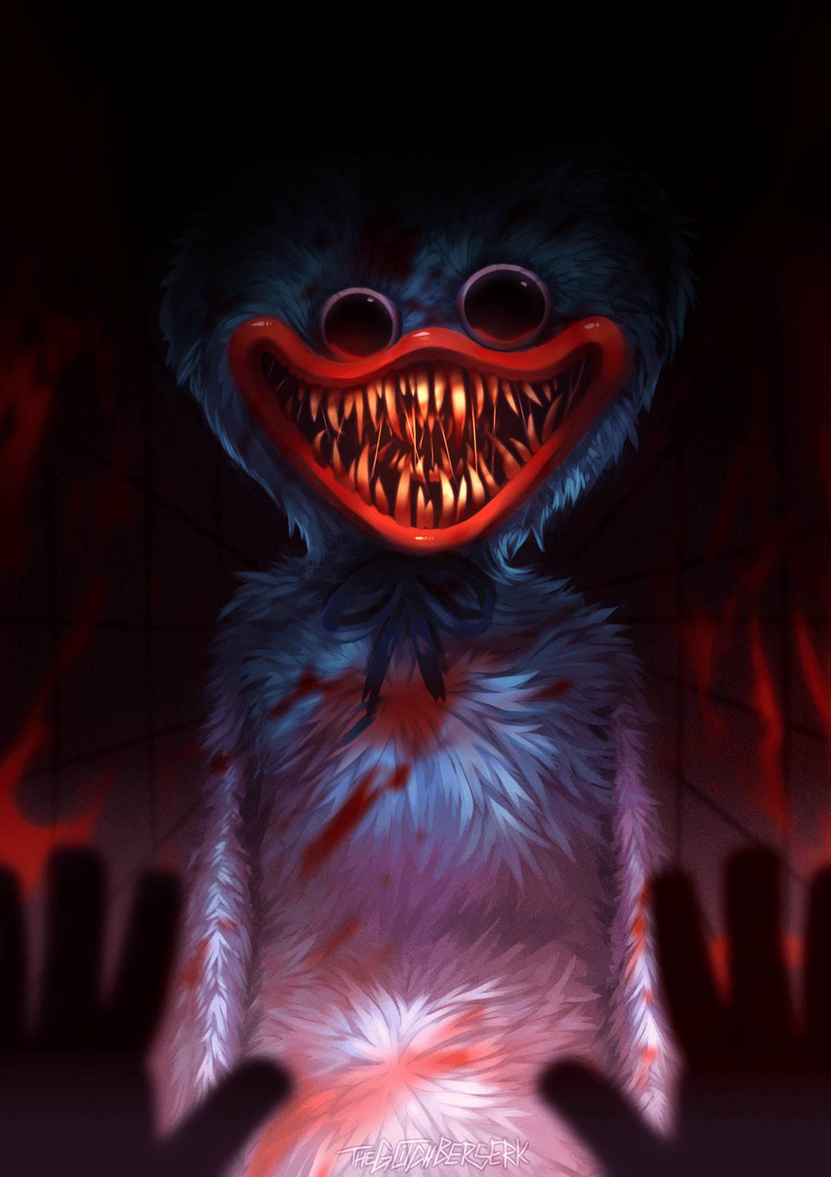Huggy Wuggy revealing razor-sharp teeth in a chilling grin — 1200x1700 wallpaper