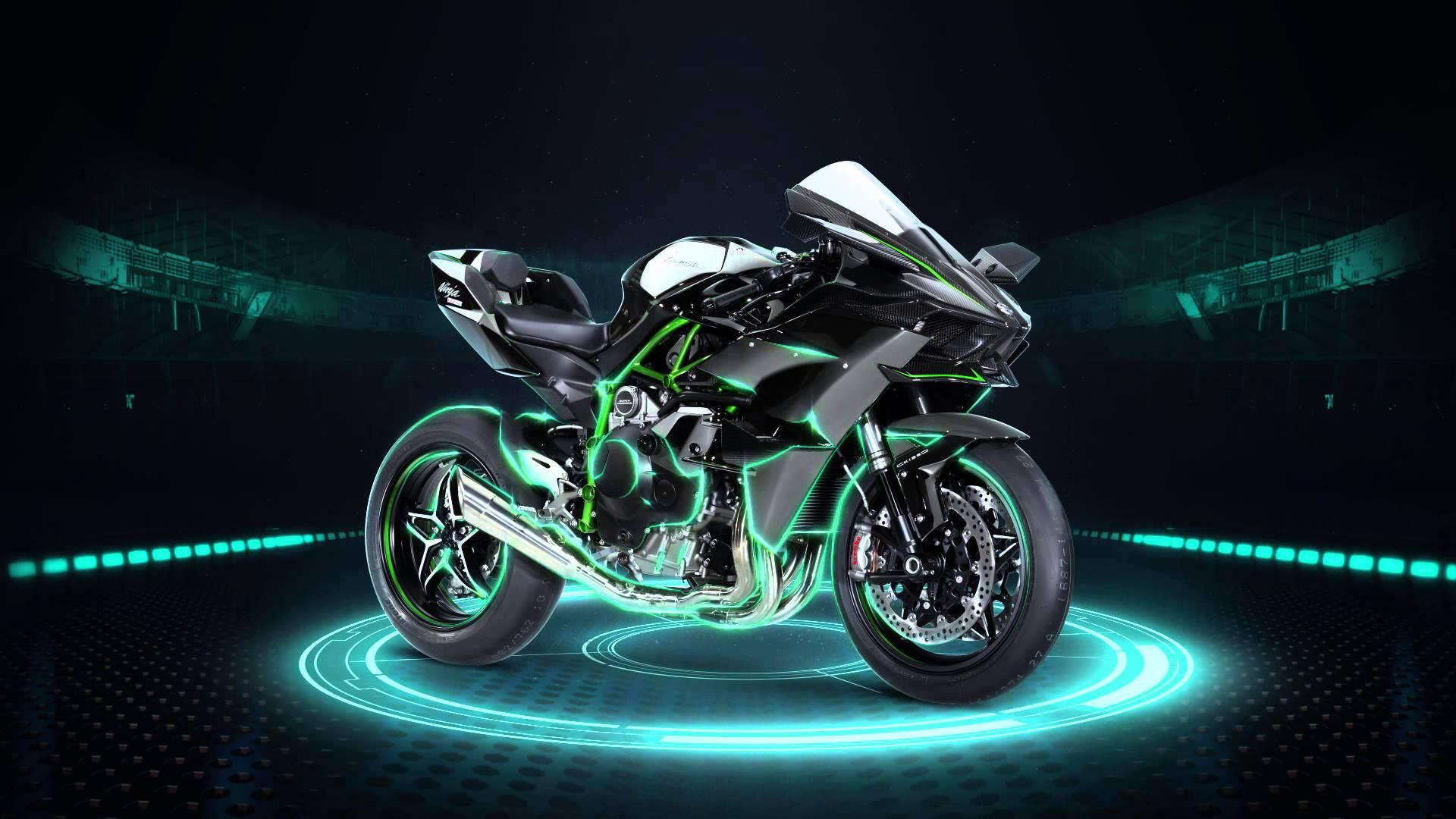 Illuminated Kawasaki H2R Motorcycle at Night — 1920x1080 wallpaper