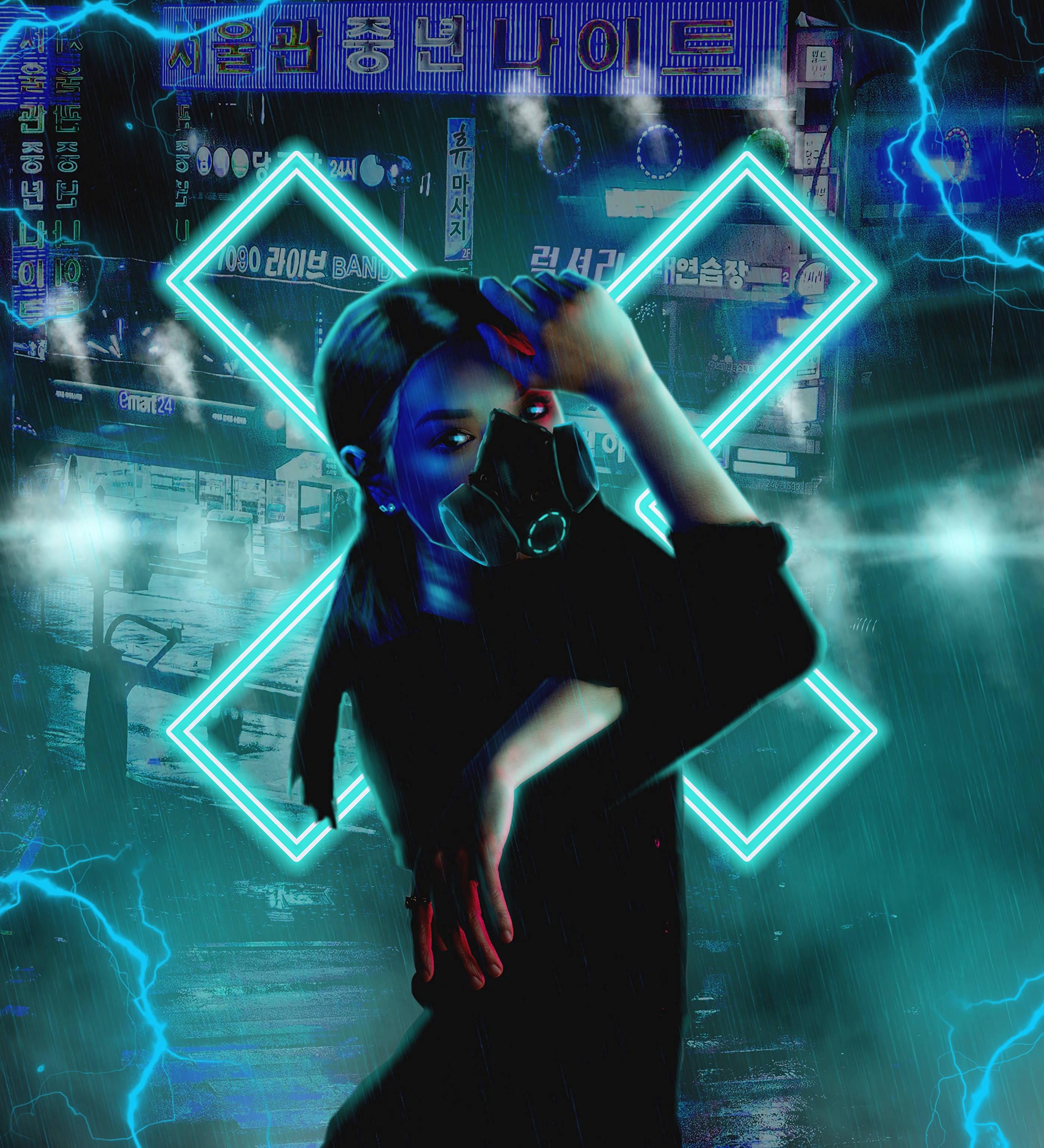 Image Cyberpunk Girl Respiratory Mask — 2800x3080 wallpaper