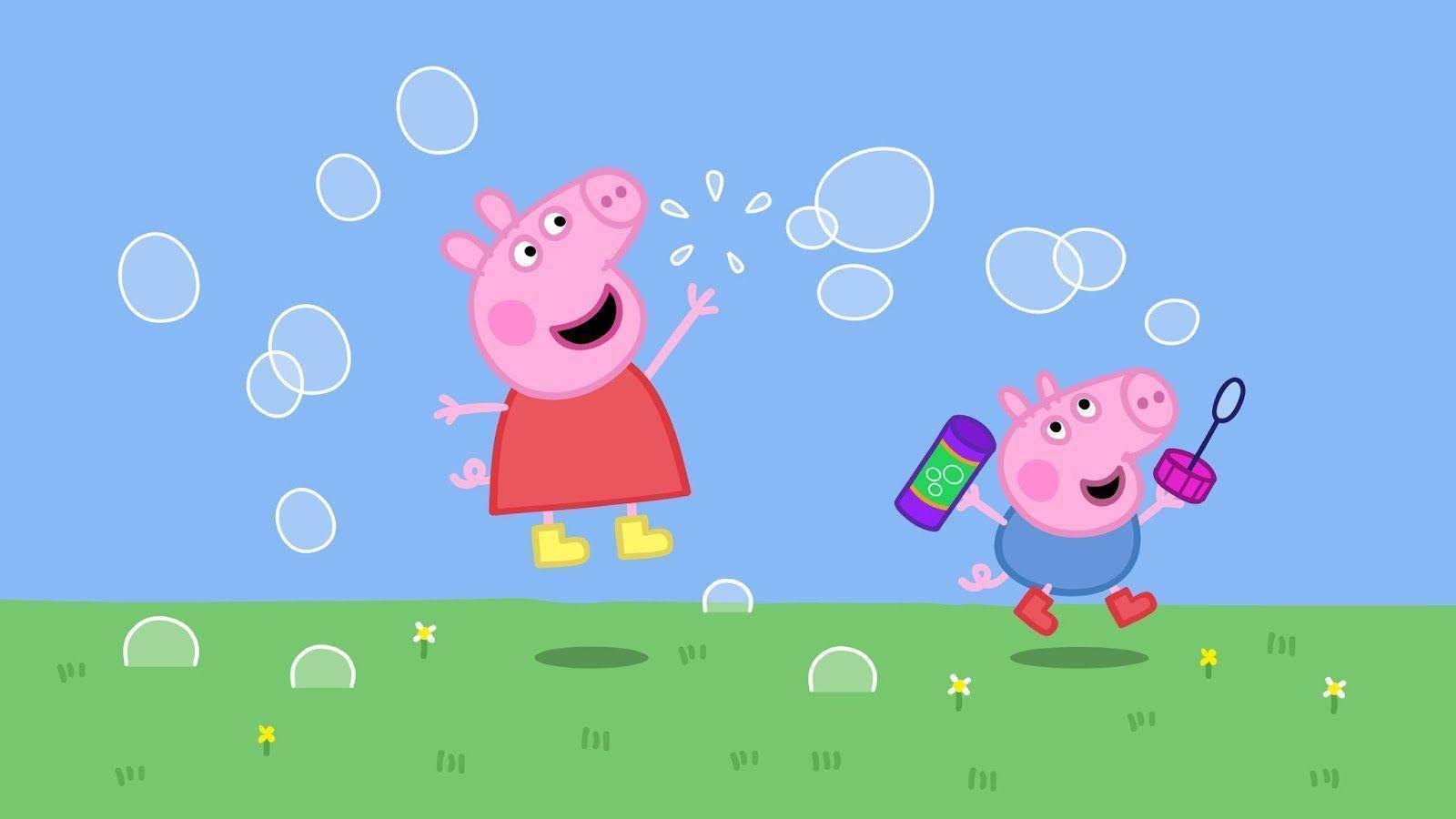 Image George and Peppa Pig Have Fun With Bubbles — 1600x900 wallpaper