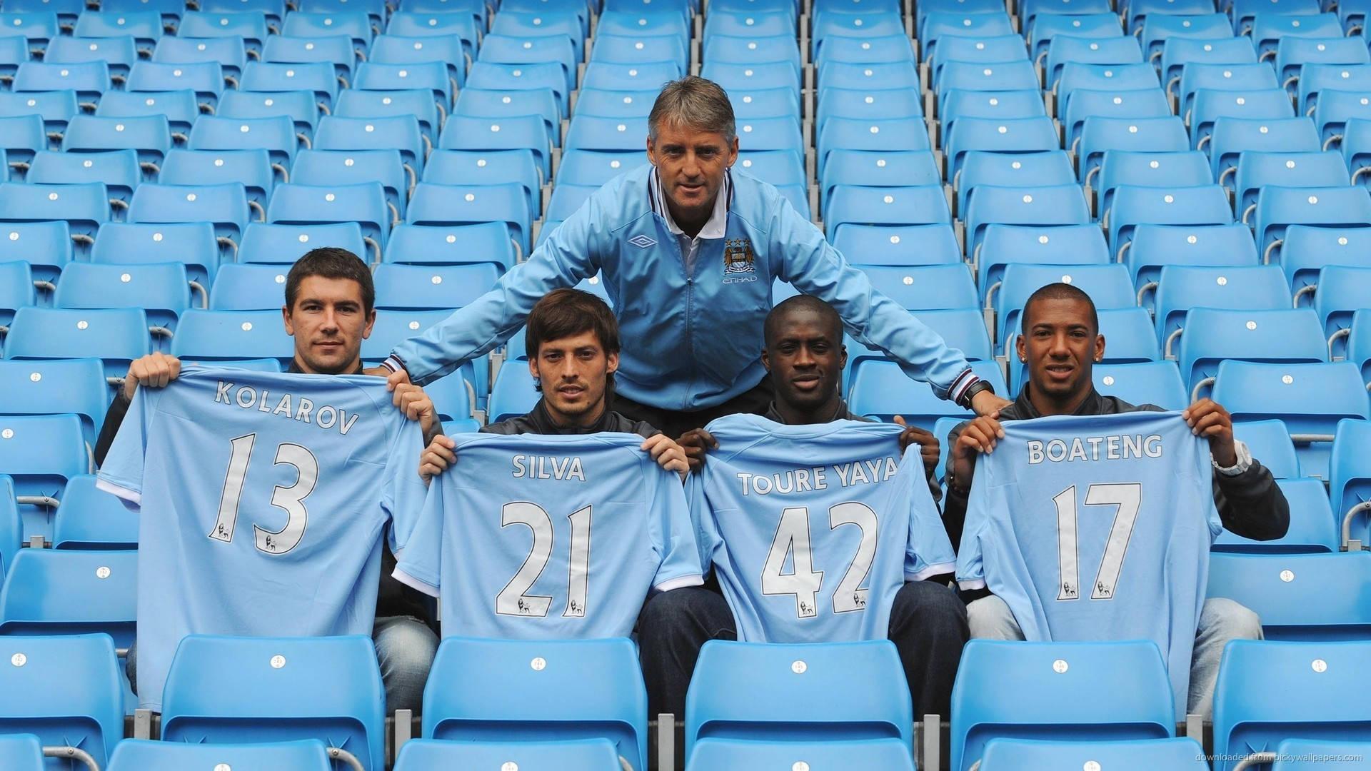 Image Manchester City Players Celebrate with Blue Shirts — 1920x1080 wallpaper