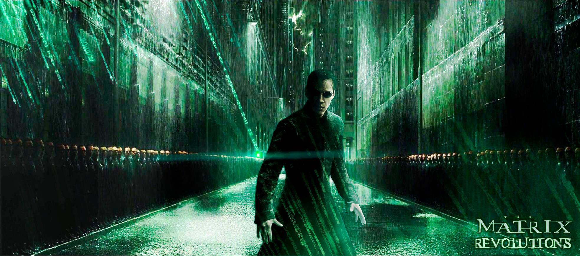Image Neo standing on Green Street in 'The Matrix Revolutions' — 1966x867 wallpaper