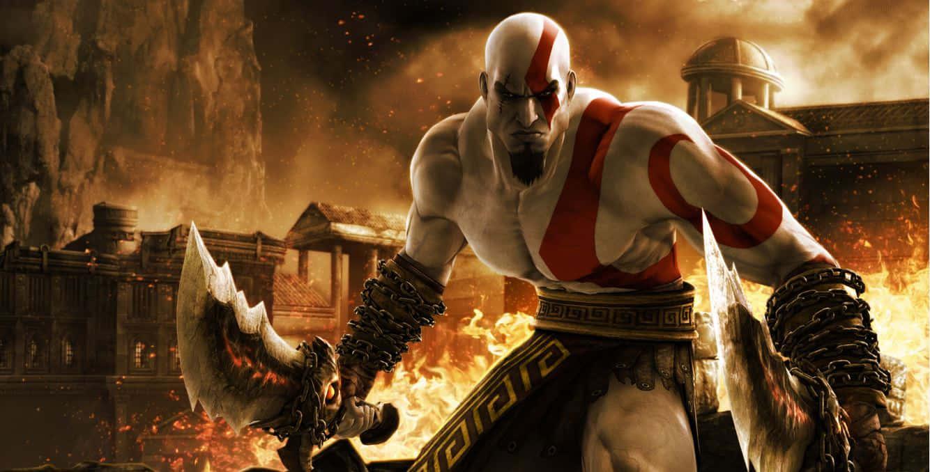 Intense battle moment with Kratos in God of War — 1334x678 wallpaper