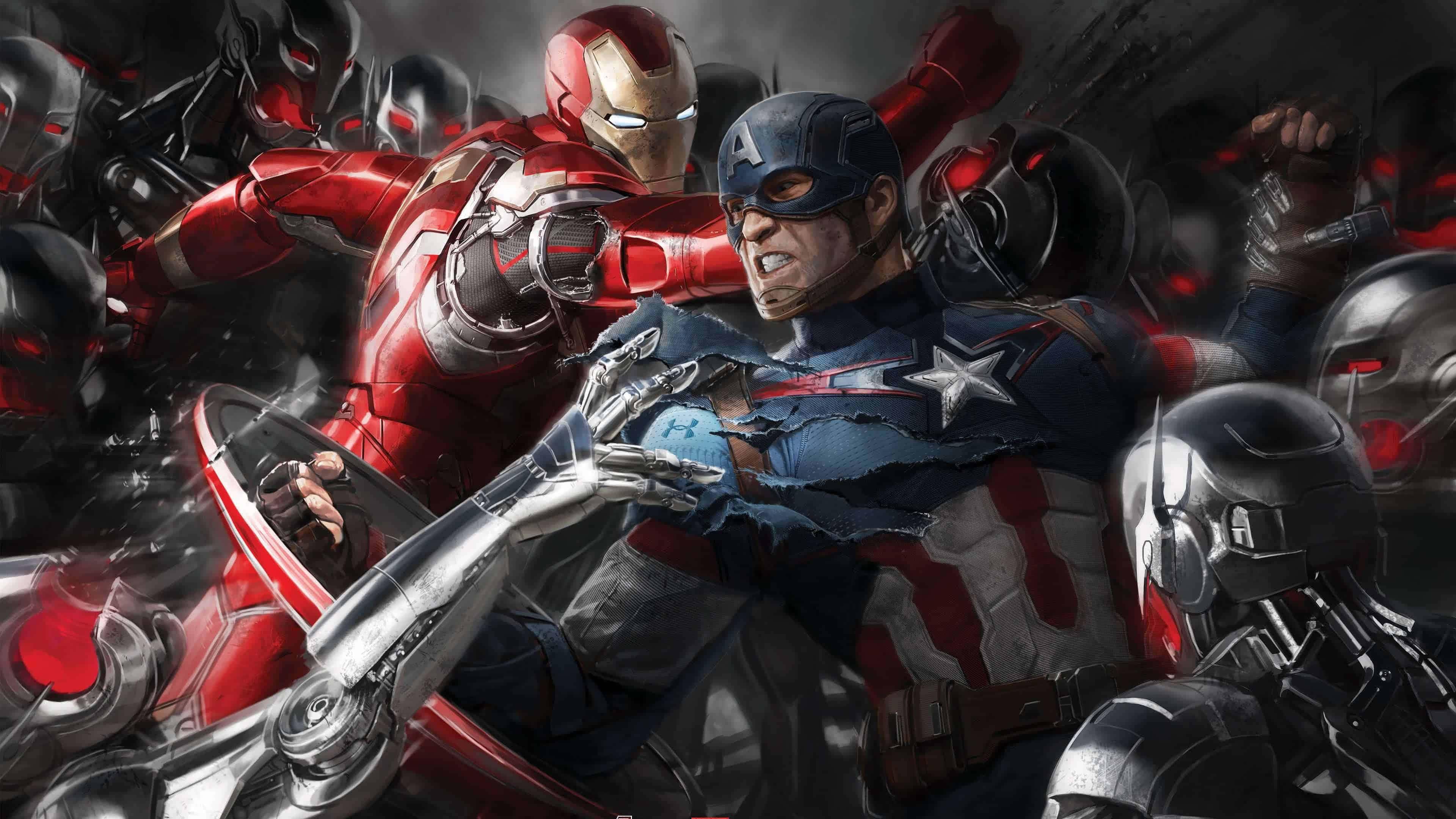 Iron Man And Captain America Fighting Ultron Sentries Background — 3840x2160 wallpaper