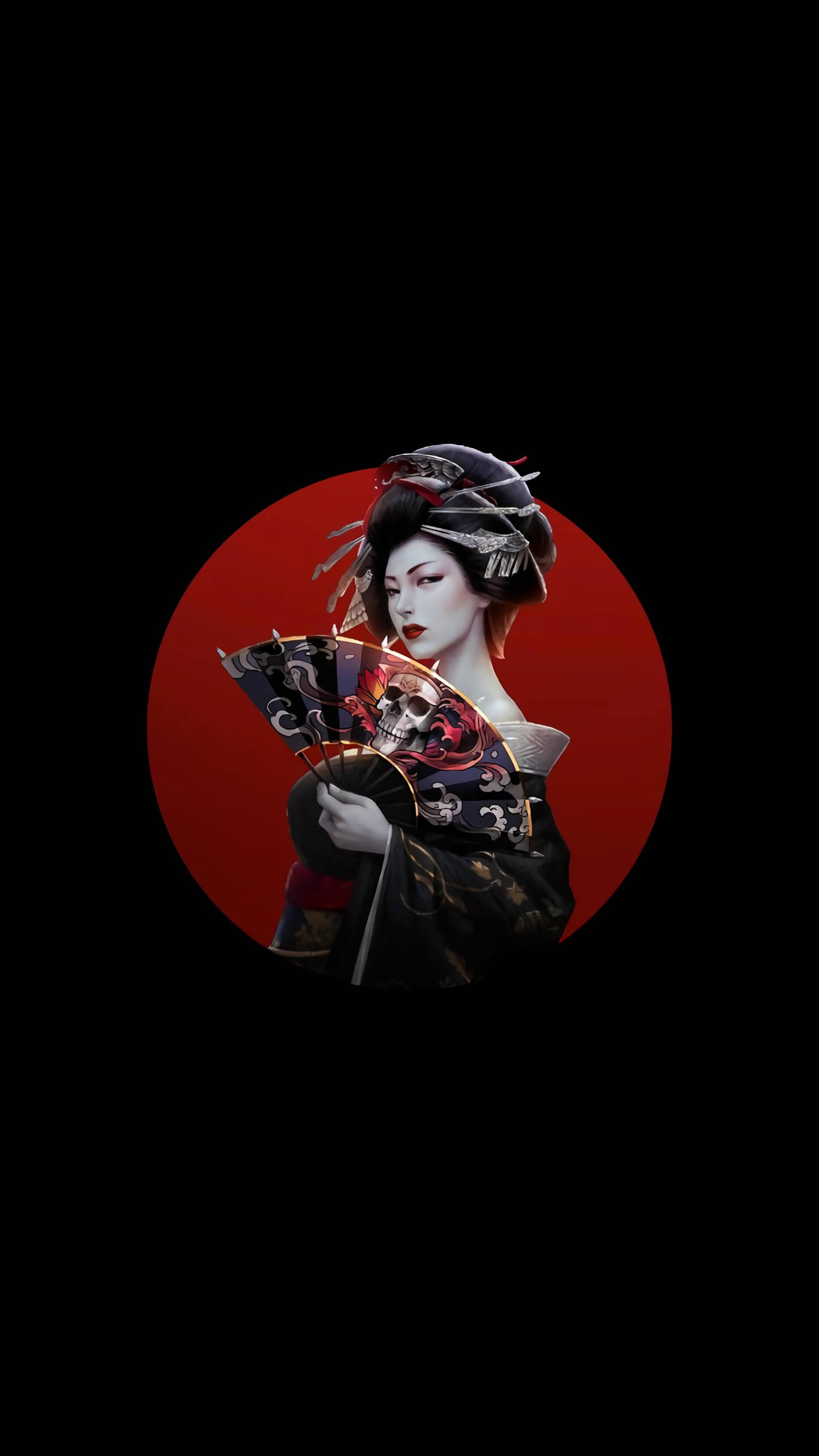 Japanese Geisha in a Serene Amoled Setting — 1600x2845 wallpaper