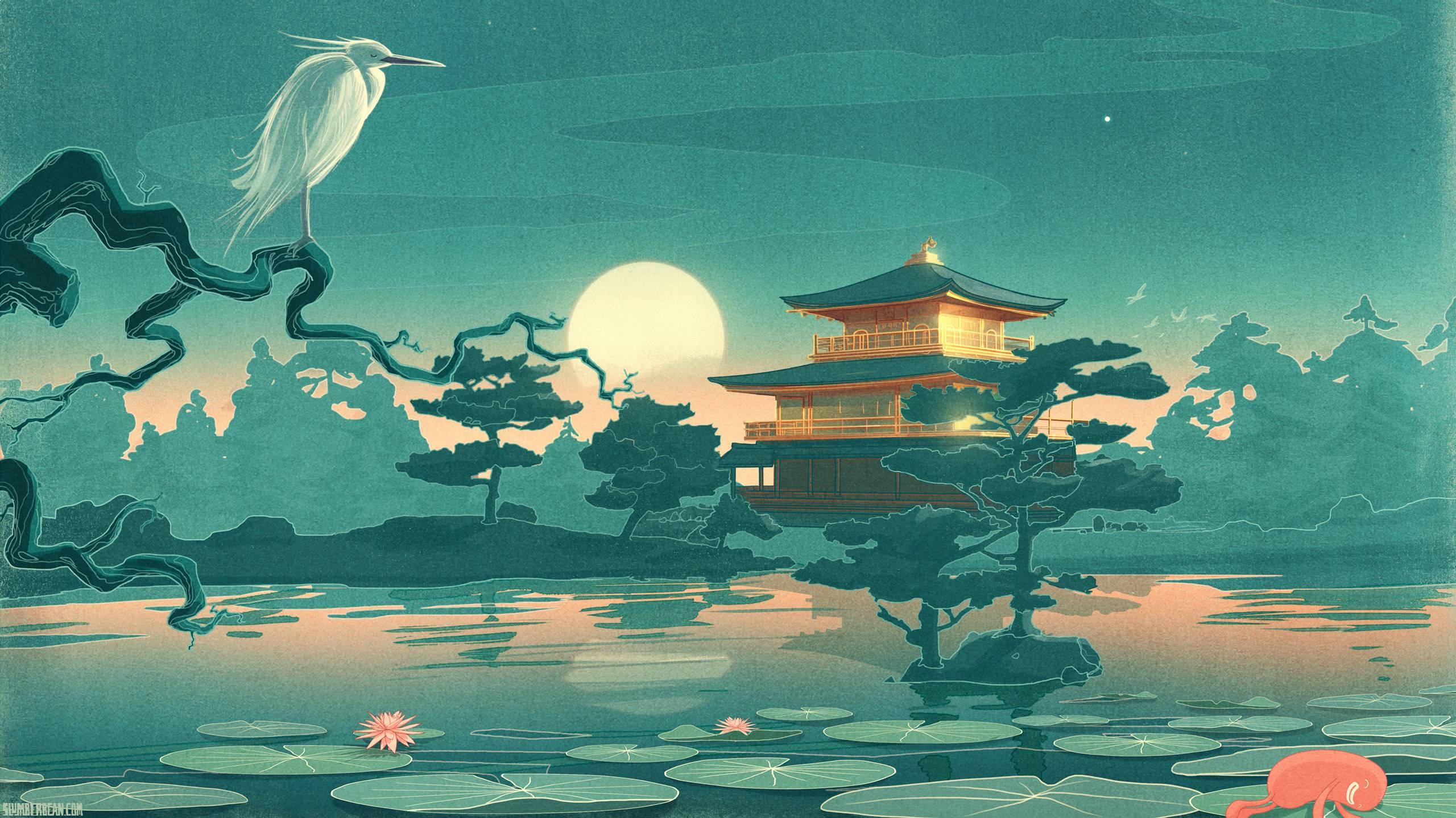 Japanese Lotus Pond Art — 2560x1440 wallpaper