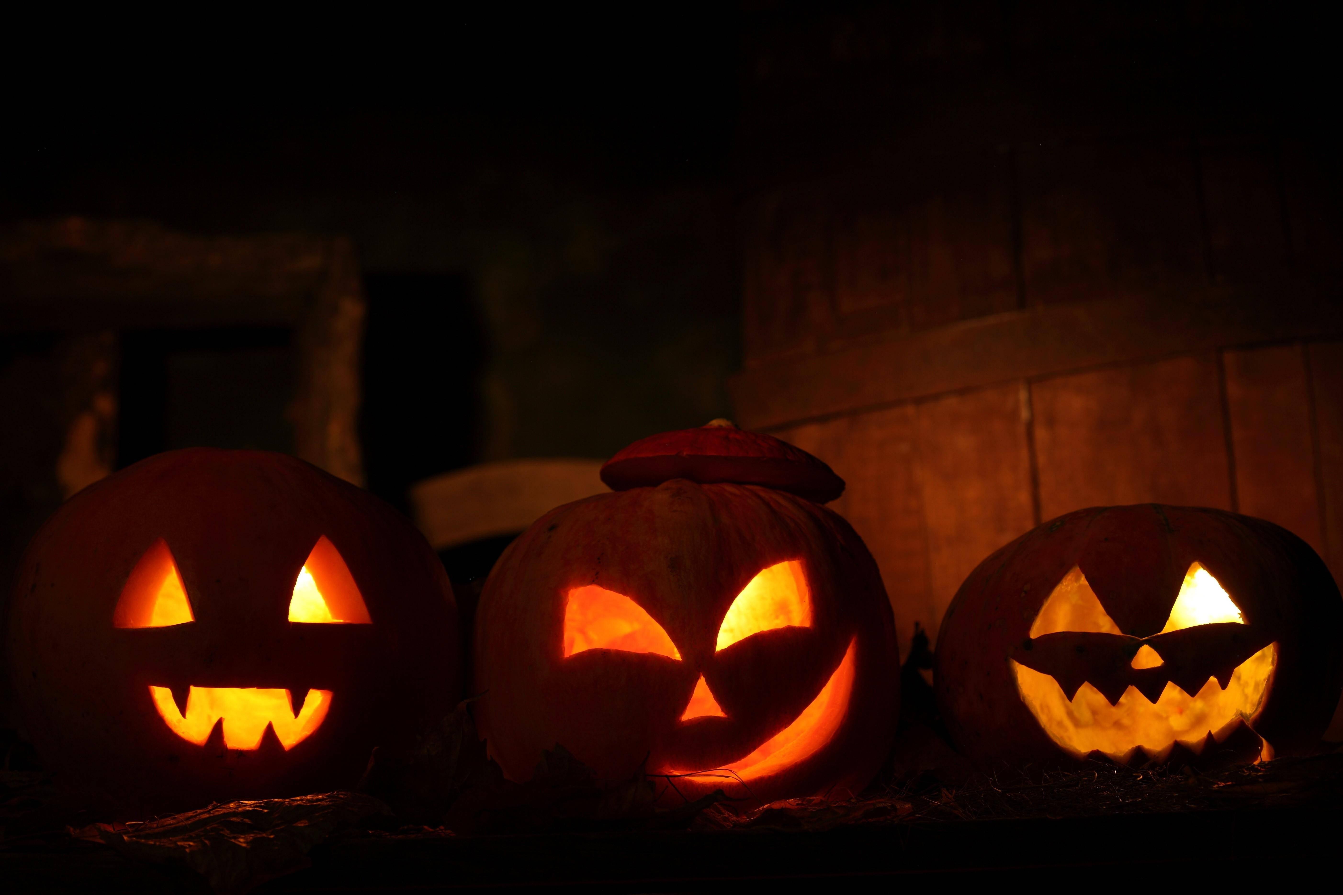 Just in time for Halloween, carved pumpkins illuminated by a full moon — 5610x3740 wallpaper