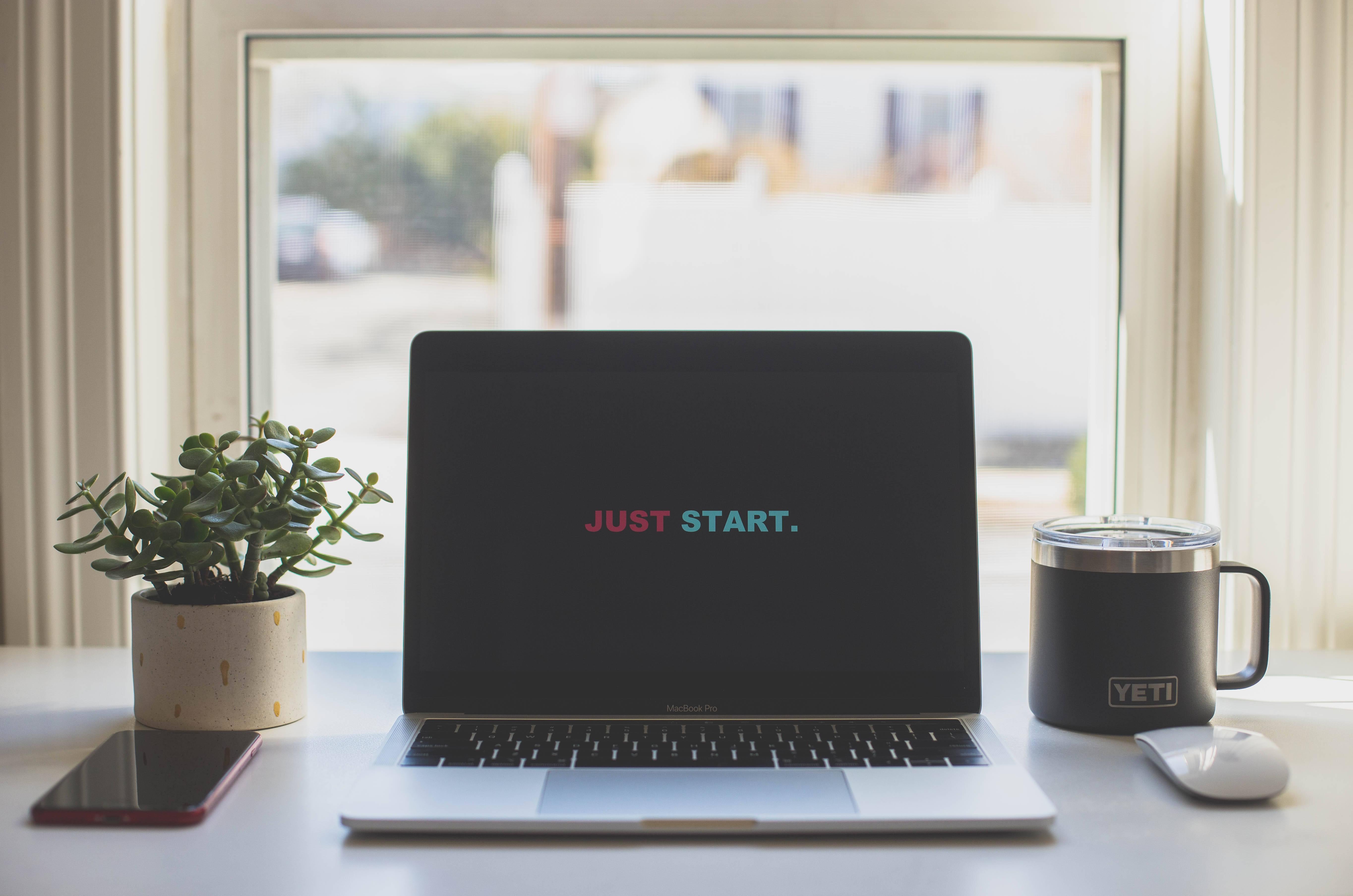 Just Start Motivational Phrase On Laptop — 5457x3614 wallpaper