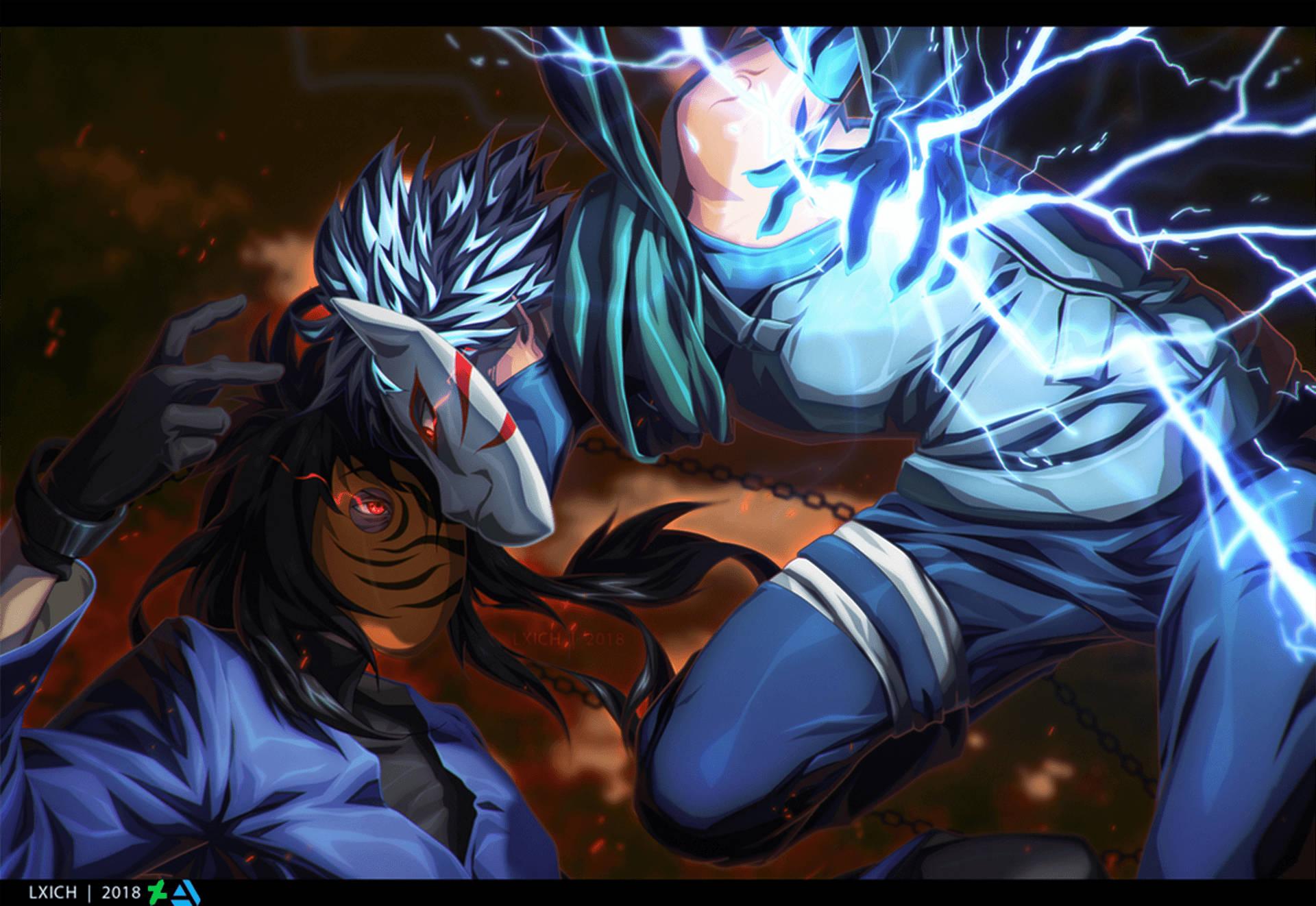 Kakashi and Obito square up in an intense fight.