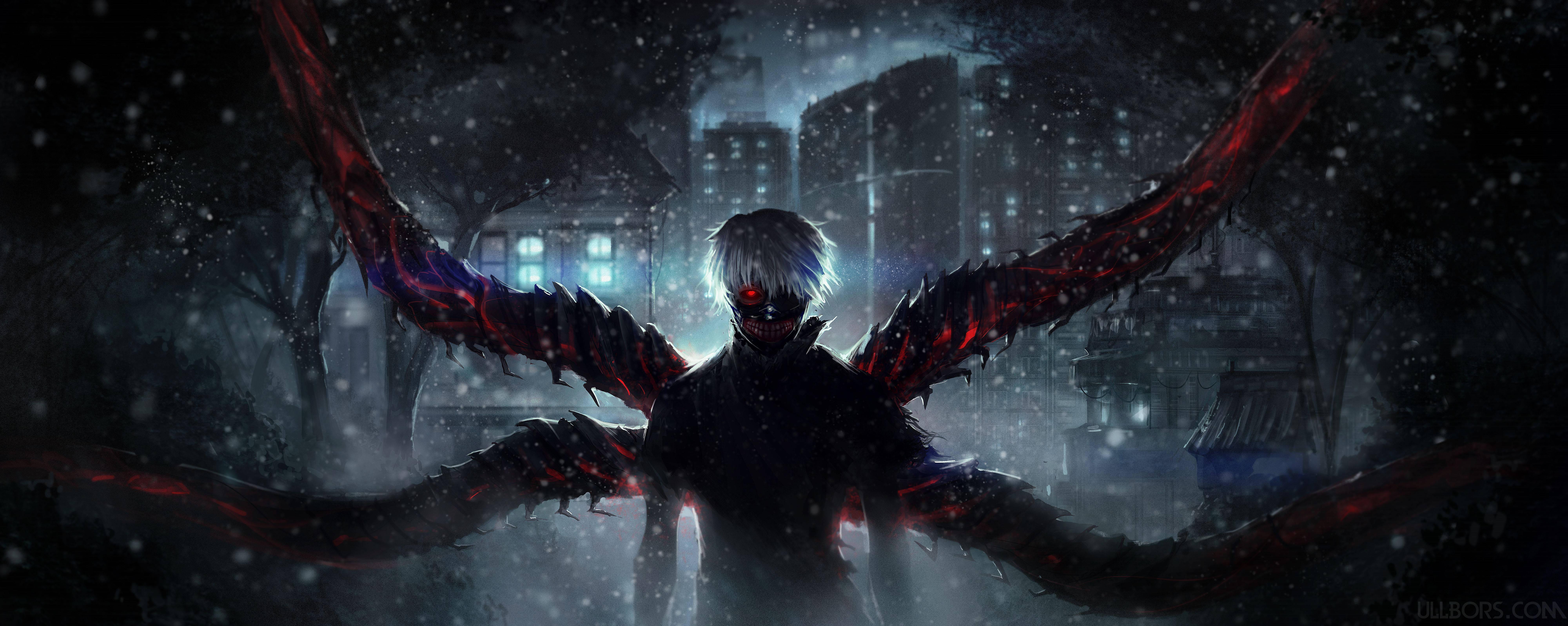 Kaneki Ken unleashes his ghoul powers and stares down his opponents on the battlefield — 8000x3196 wallpaper