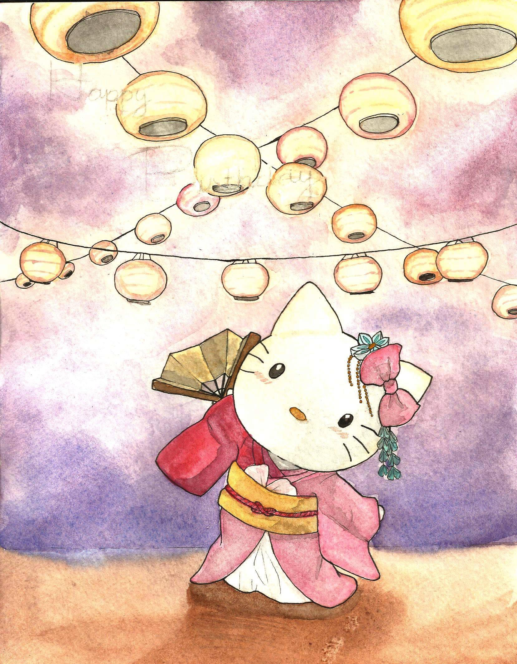 Kimono Hello Kitty PFP Watercolor Illustration — 1658x2130 wallpaper