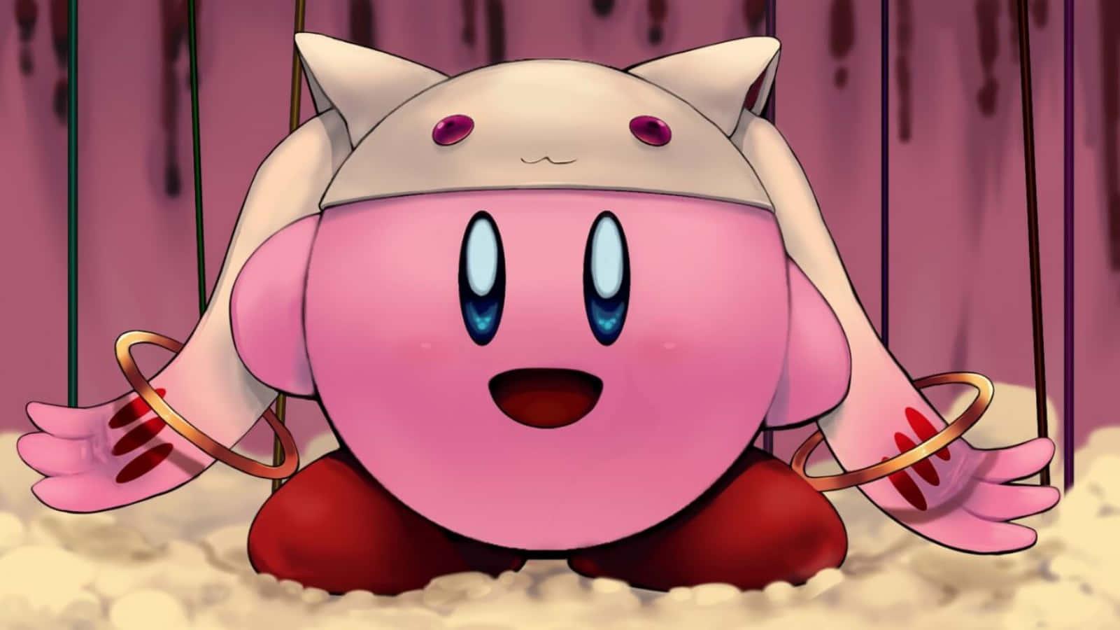 Kirby Soars Through a Beautiful Night Landscape — 1601x900 wallpaper