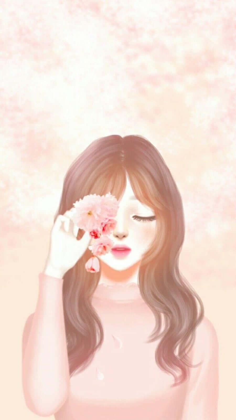 Korean Anime Girl Hiding Eye With Flower — 900x1600 wallpaper