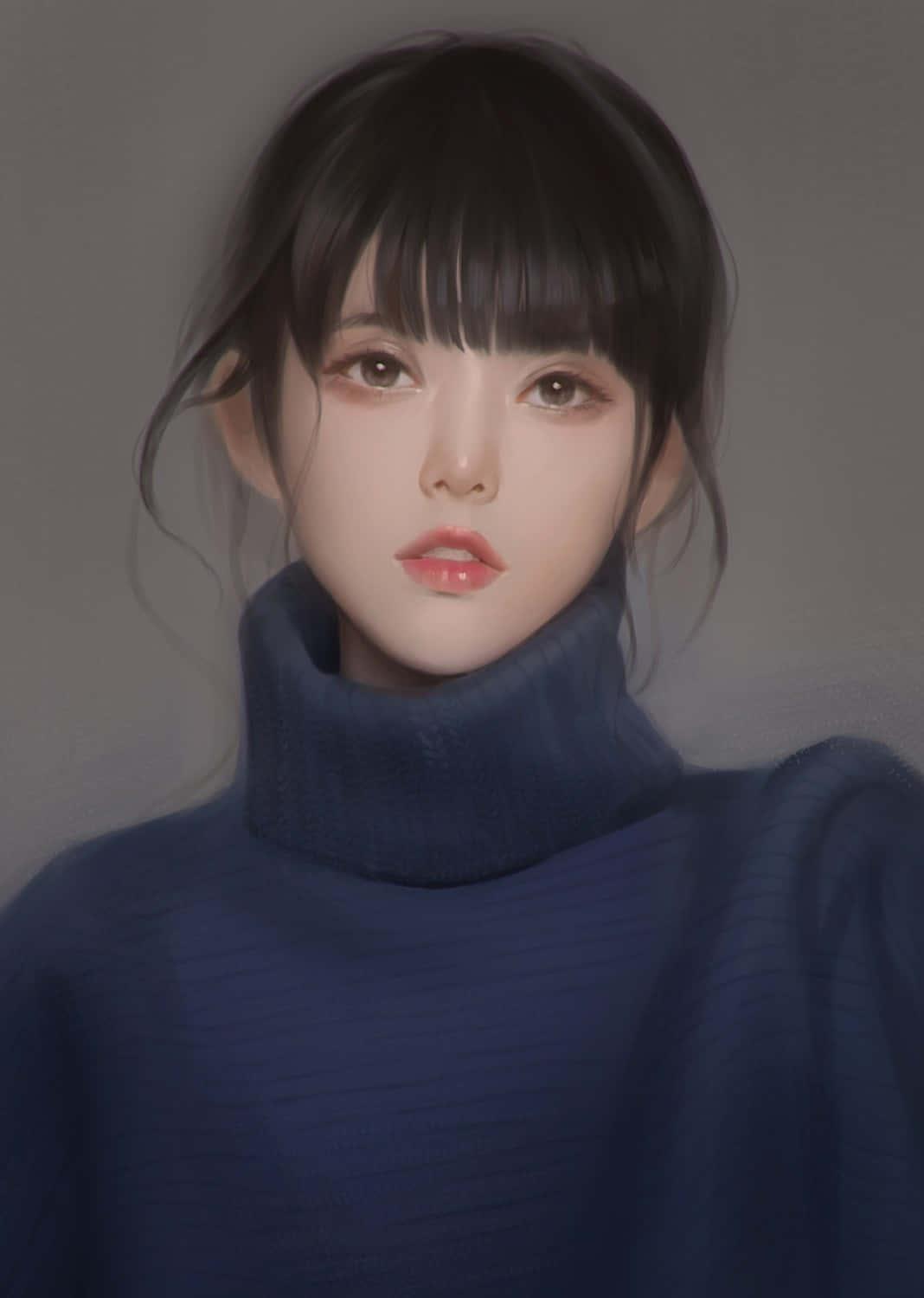 Korean Anime Girl In Blue Winter Shirt — 1068x1500 wallpaper