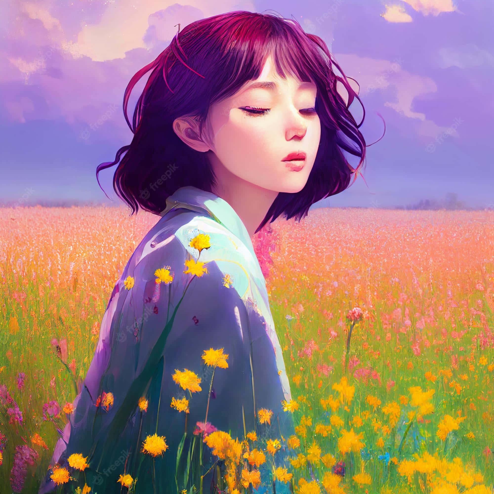Korean Anime Girl On A Field Of Flowers — 2000x2000 wallpaper