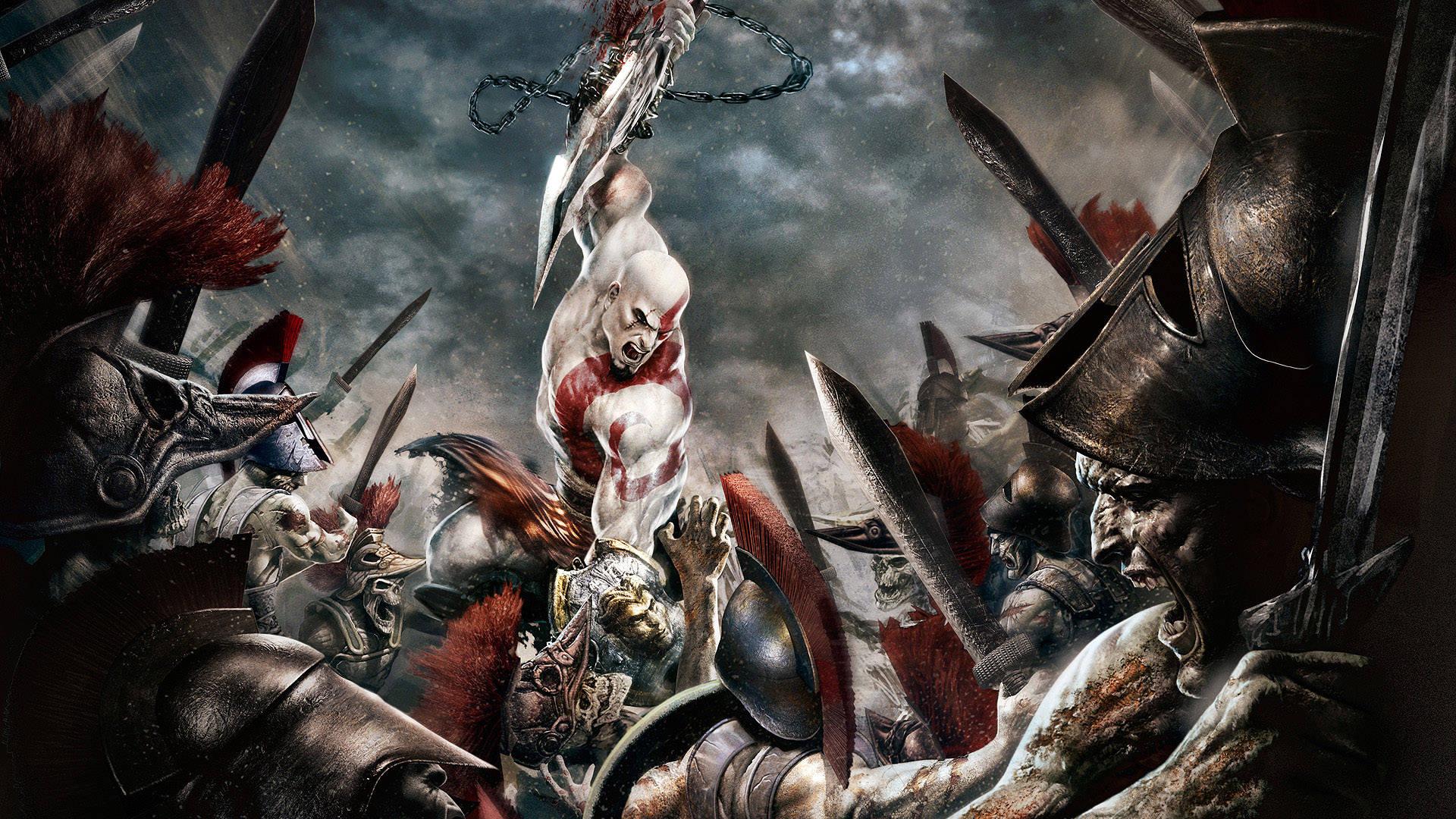 Kratos, a Spartan warrior, leads the charge against an army in the God Of War series. — 1920x1080 wallpaper