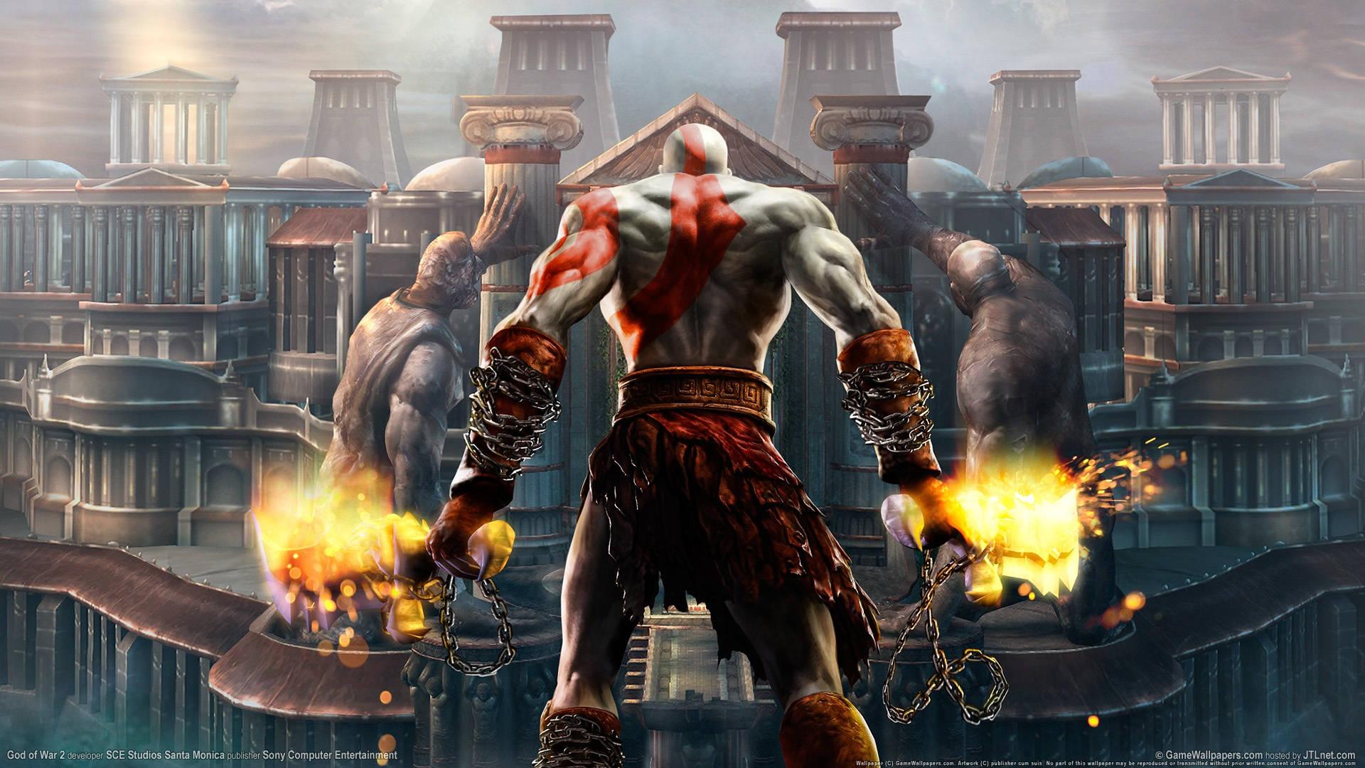 Kratos battles the Minotaur at the Temple of Lahkesis — 1920x1080 wallpaper