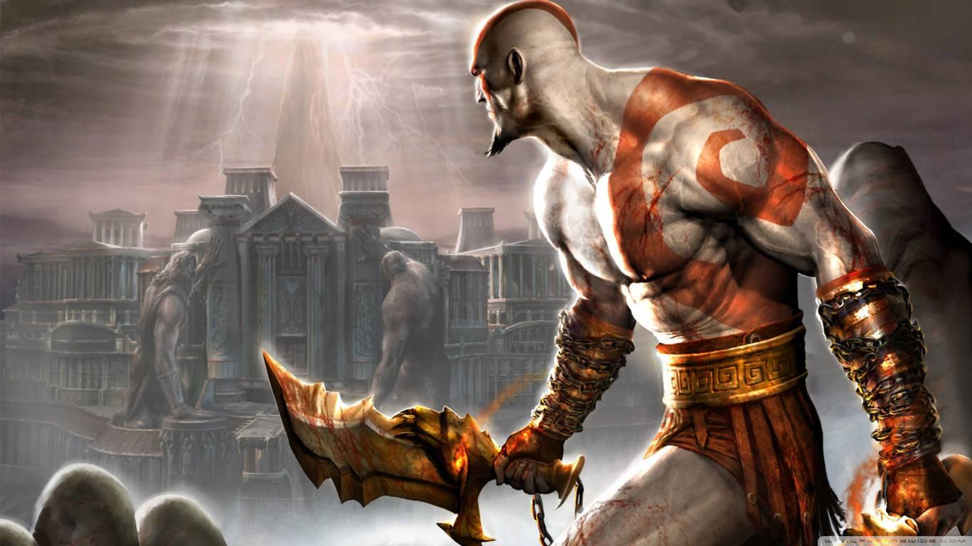 Kratos taking on his next challenge in the iconic Temple of Athena. — 1366x768 wallpaper