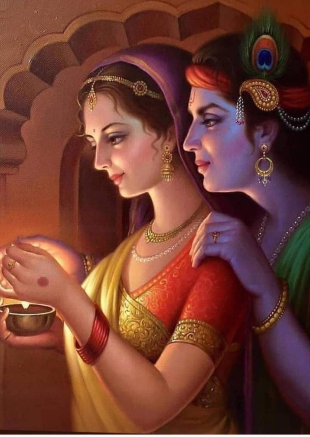 Krishna Phone Radha Looking At Candle — 1080x1523 wallpaper