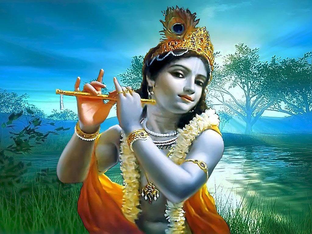 Krishna Playing Flute Beside River