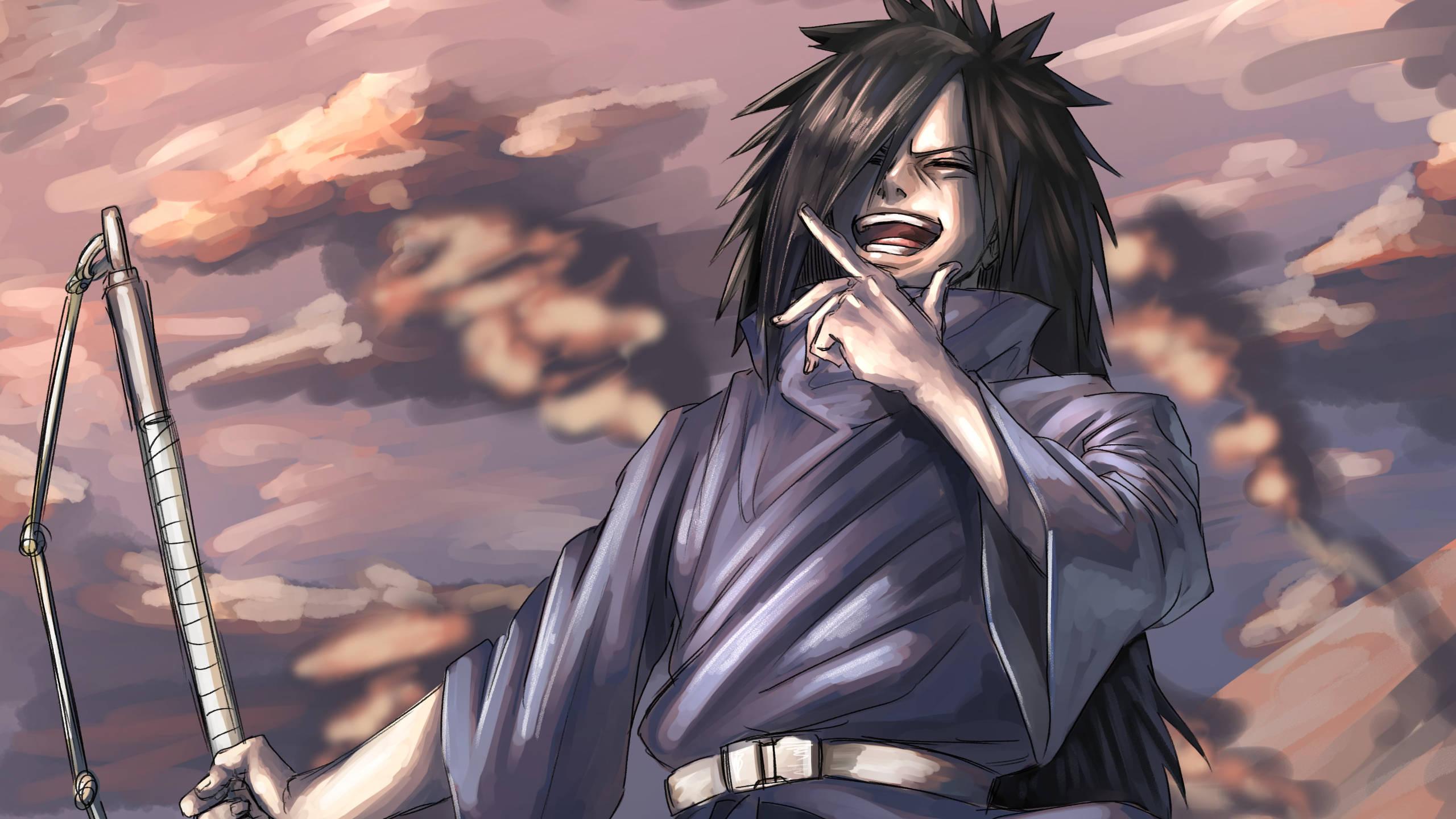 Laughing Madara, Uchiha Clan founder, captured in beautiful Pastel Art — 2560x1440 wallpaper
