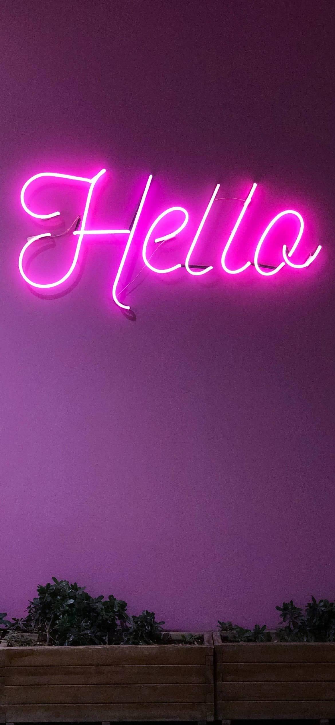 Light Purple Aesthetic Hello In Neon — 1170x2532 wallpaper