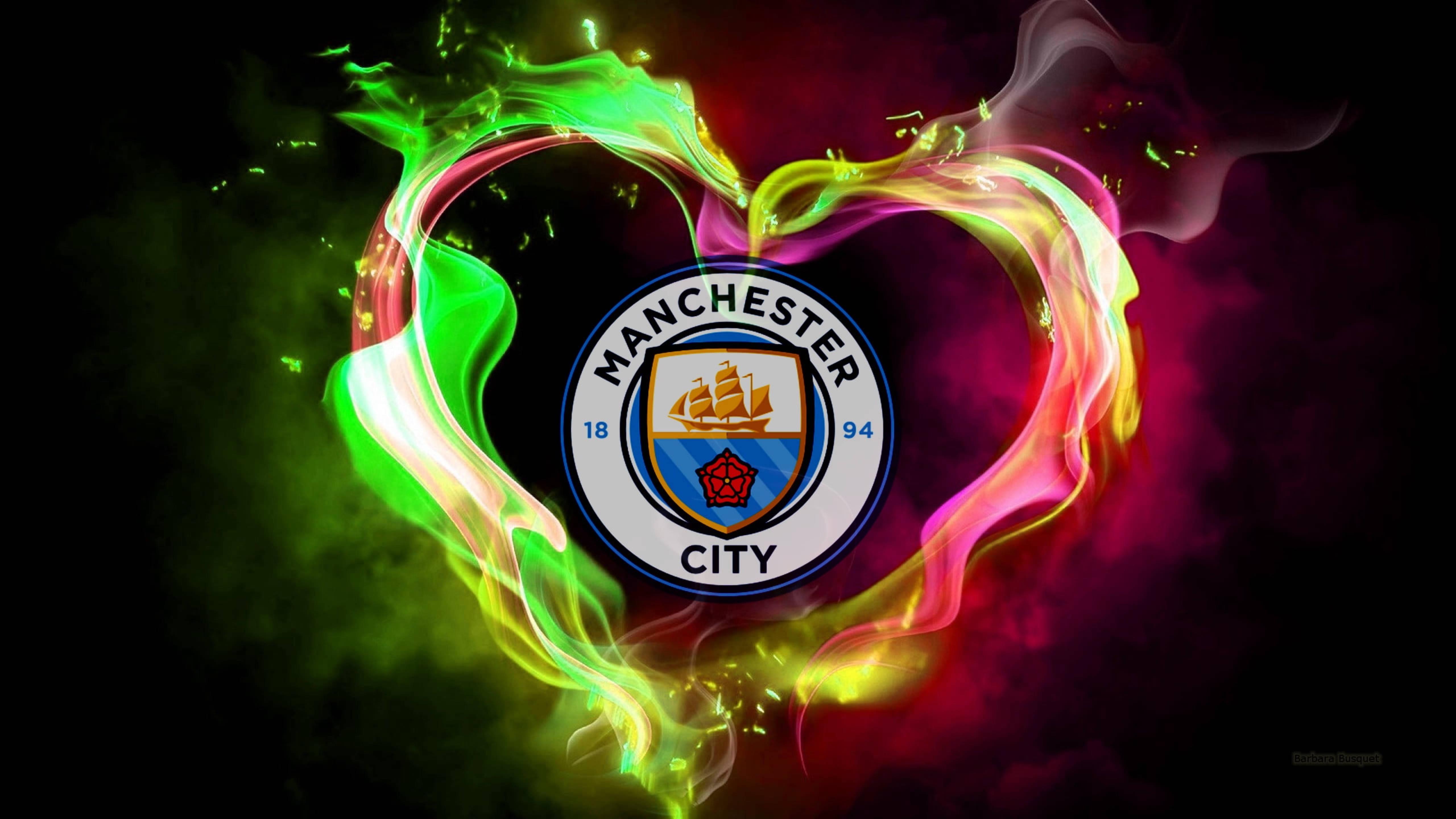 Light up the City of Manchester with the Manchester City Neon Heart Logo — 5120x2880 wallpaper