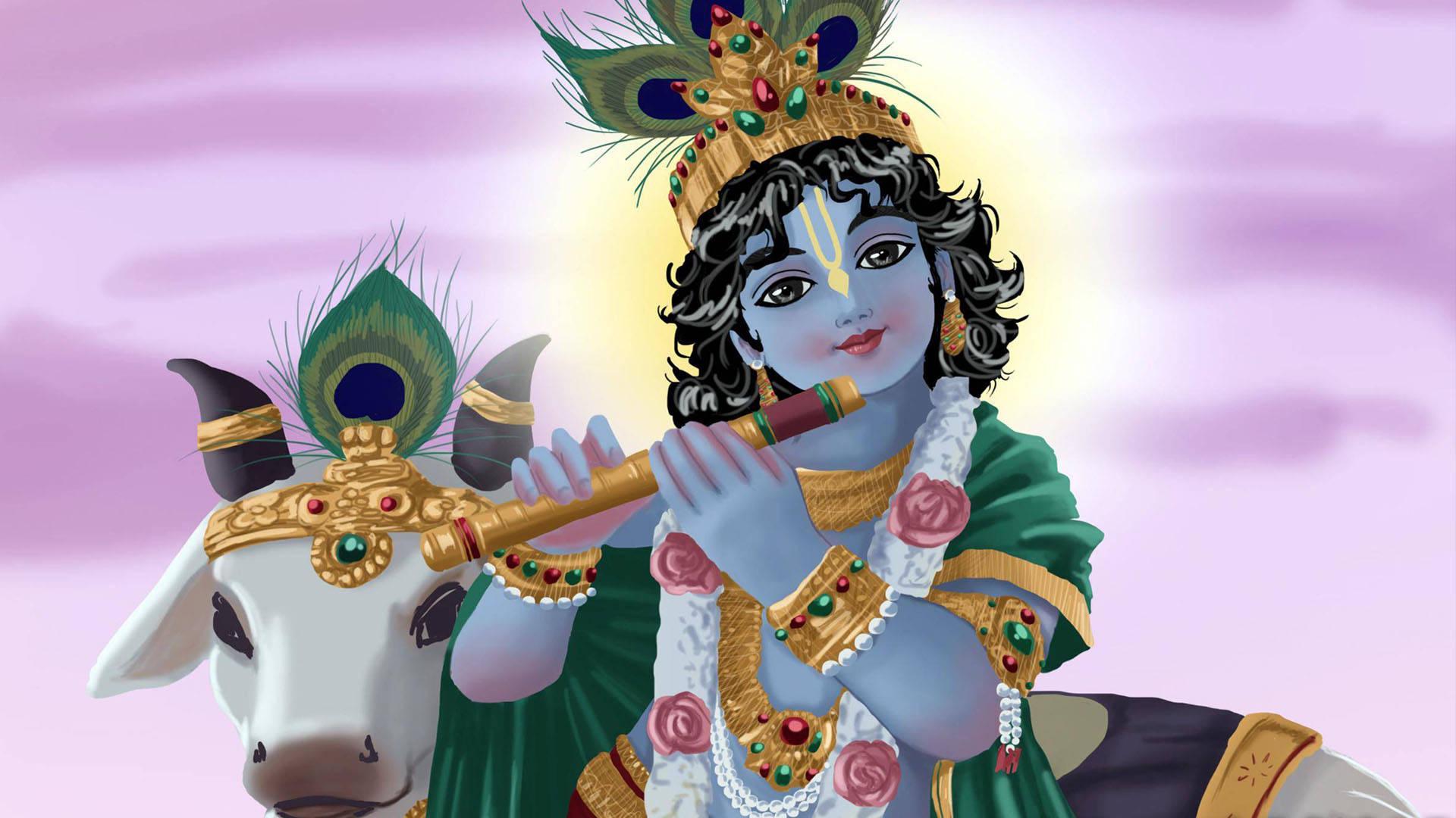 Little Krishna And White Cow — 1920x1080 wallpaper