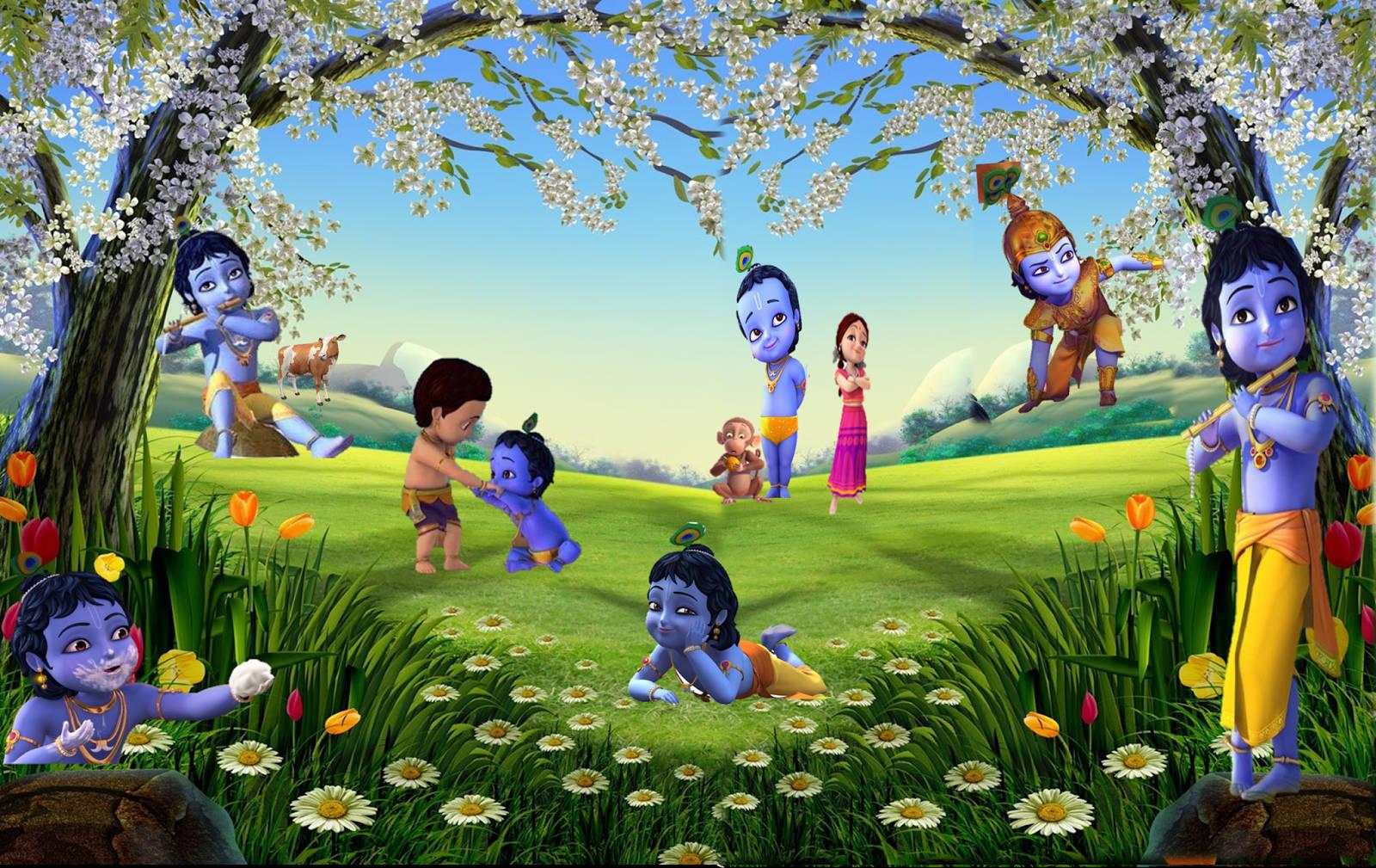 Little Krishna In Grass Field — 1600x1009 wallpaper